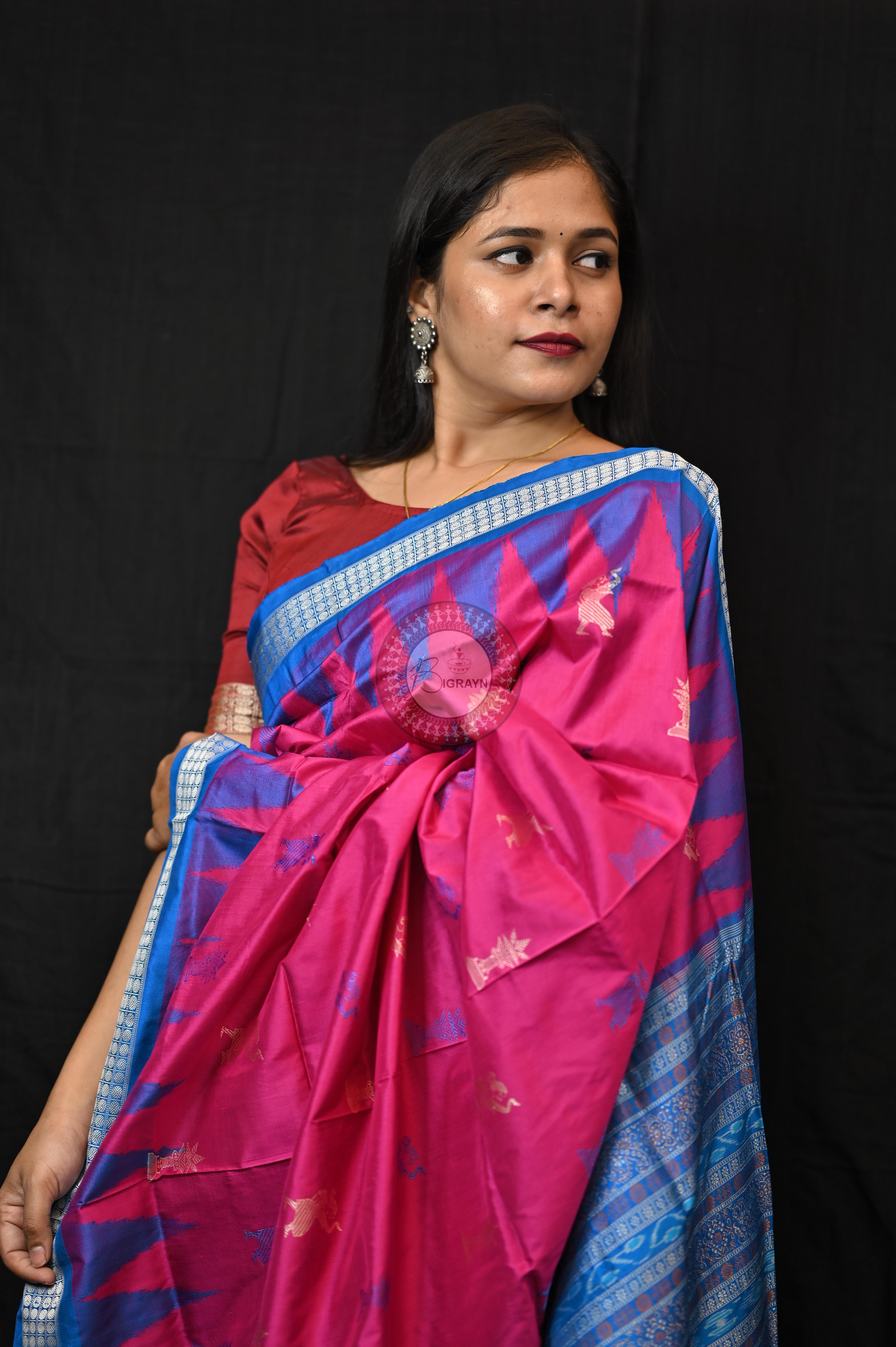 Magenta Blue Tribal Tulsi Leaves Bomkai Silk Saree
