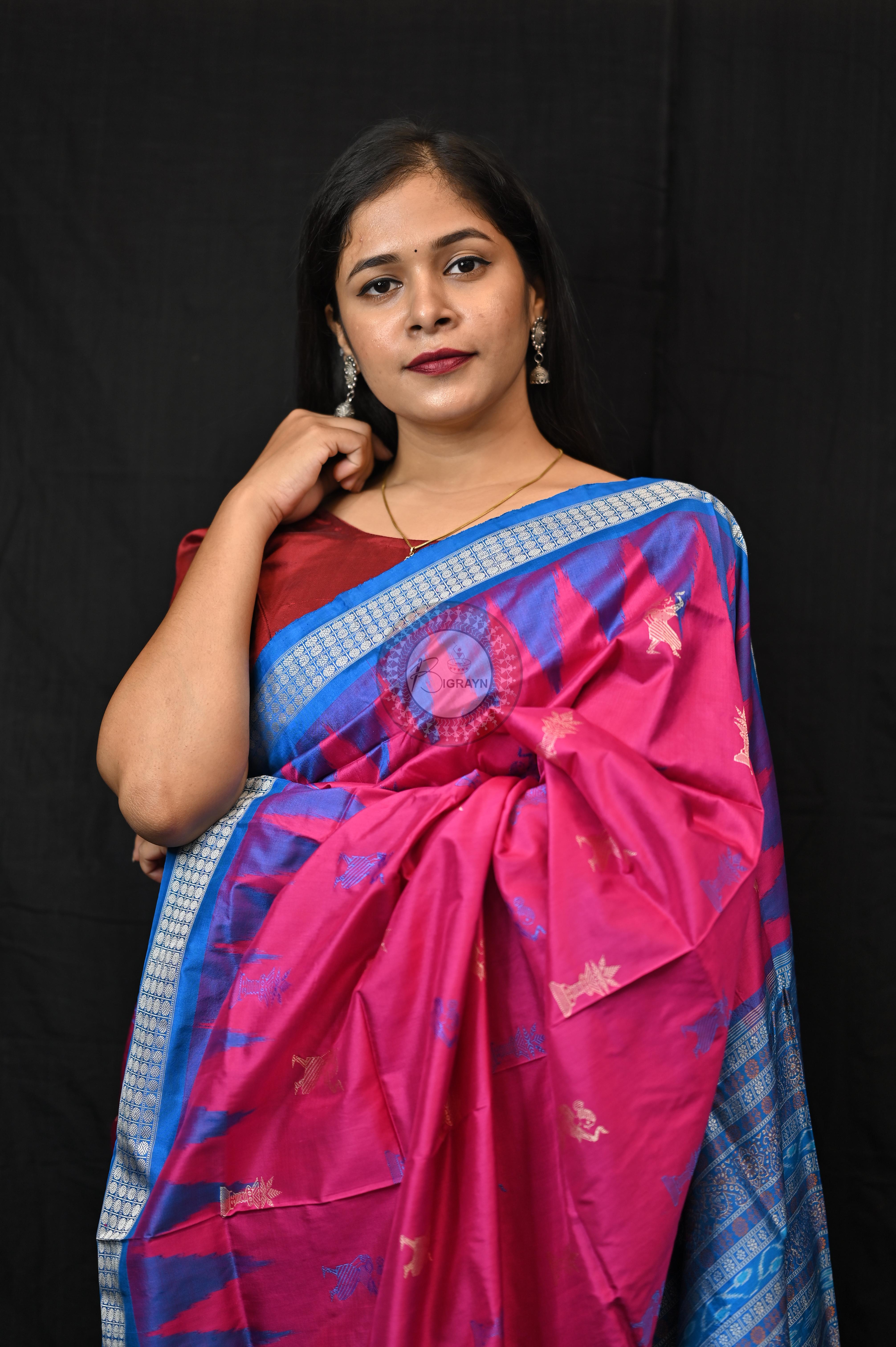 Magenta Blue Tribal Tulsi Leaves Bomkai Silk Saree