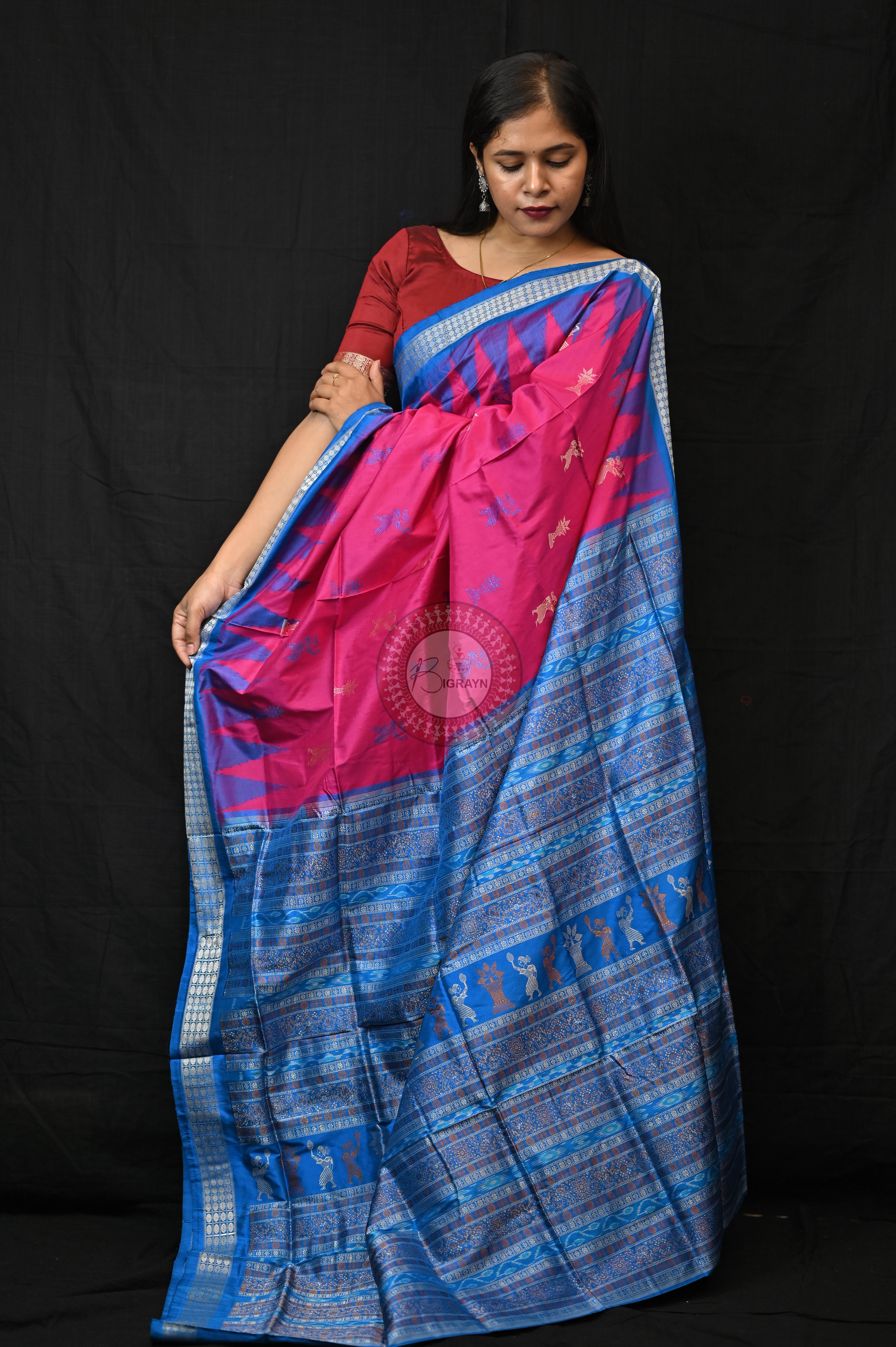 Magenta Blue Tribal Tulsi Leaves Bomkai Silk Saree