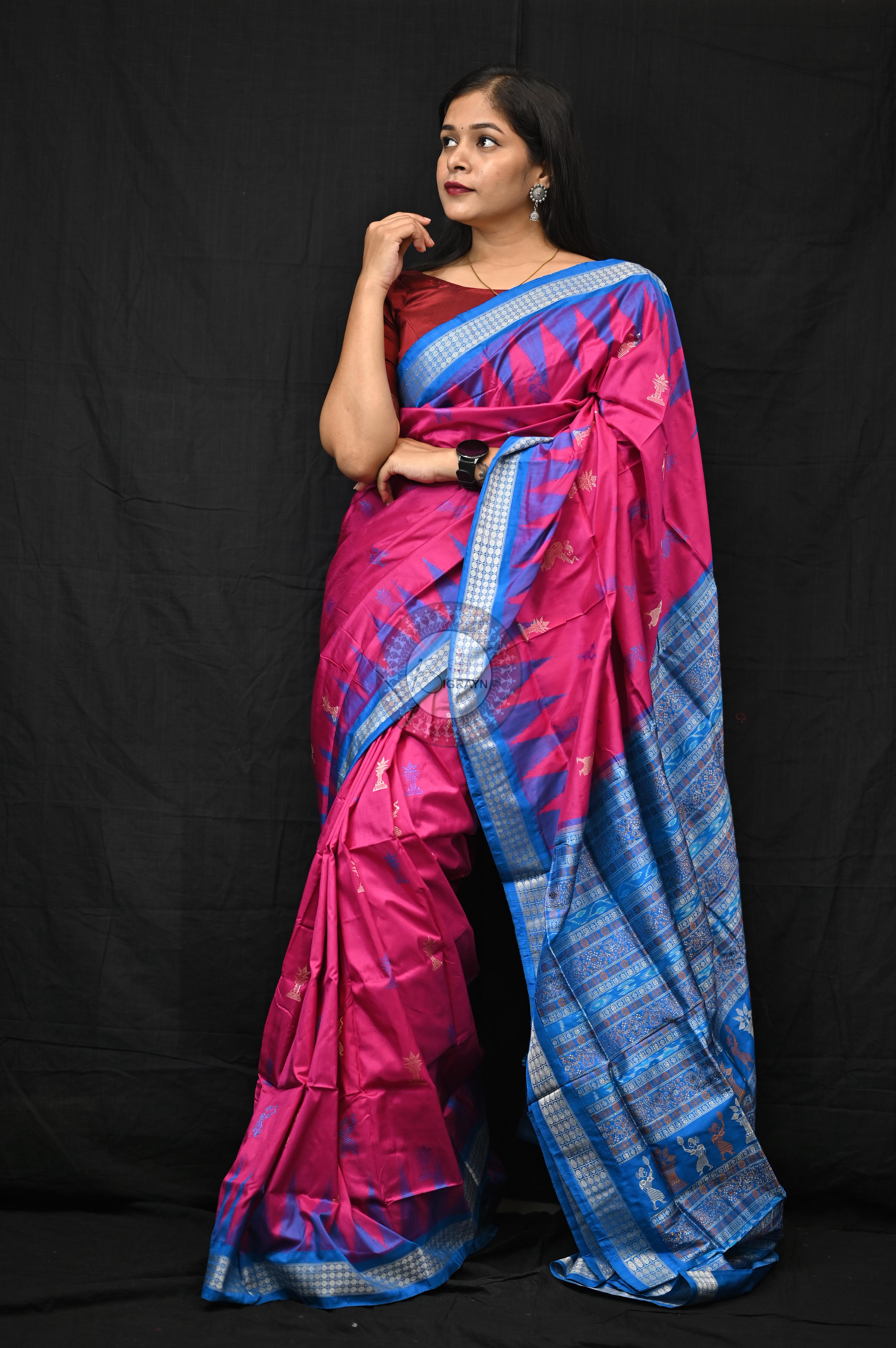 Magenta Blue Tribal Tulsi Leaves Bomkai Silk Saree