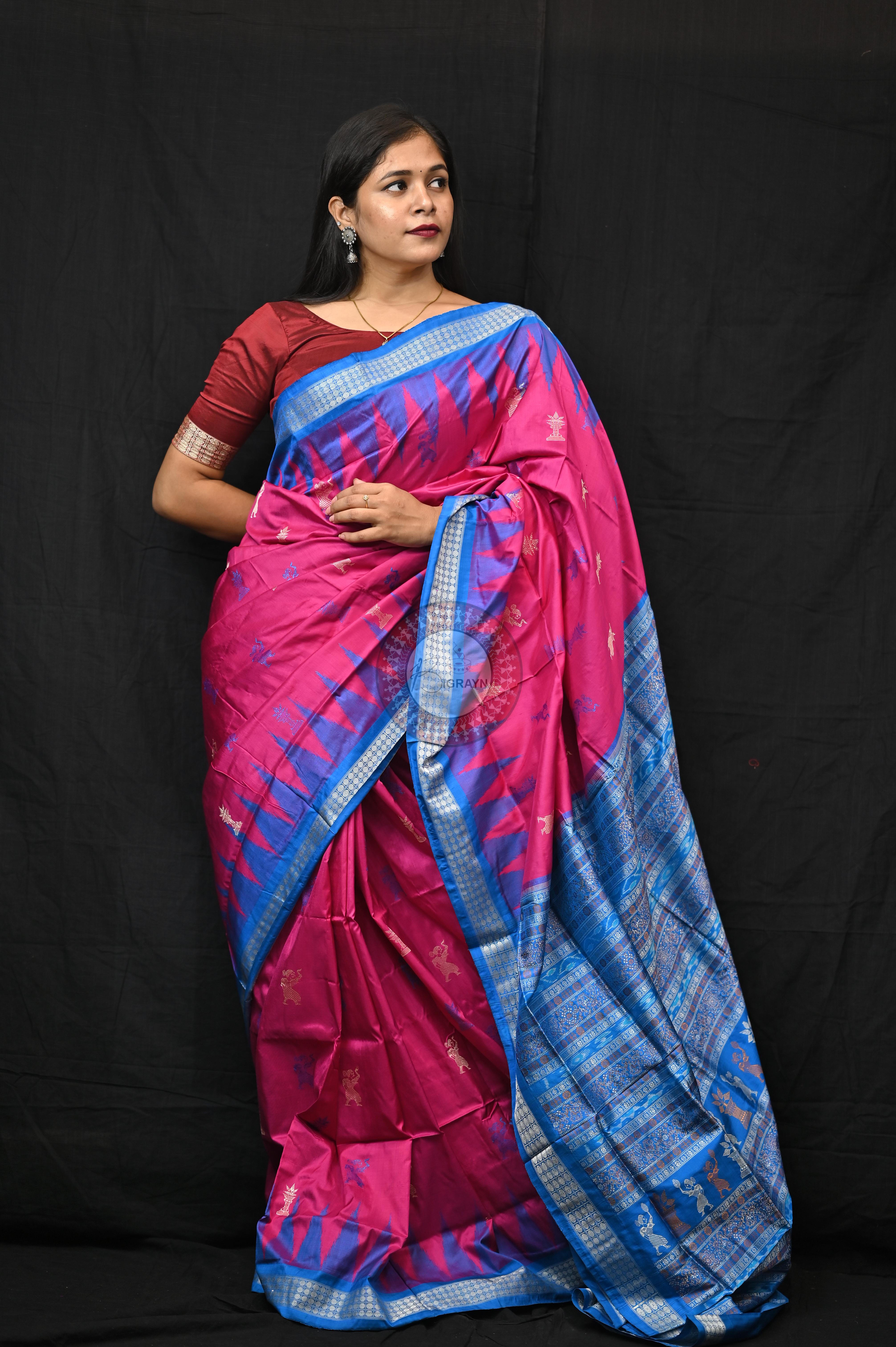 Magenta Blue Tribal Tulsi Leaves Bomkai Silk Saree