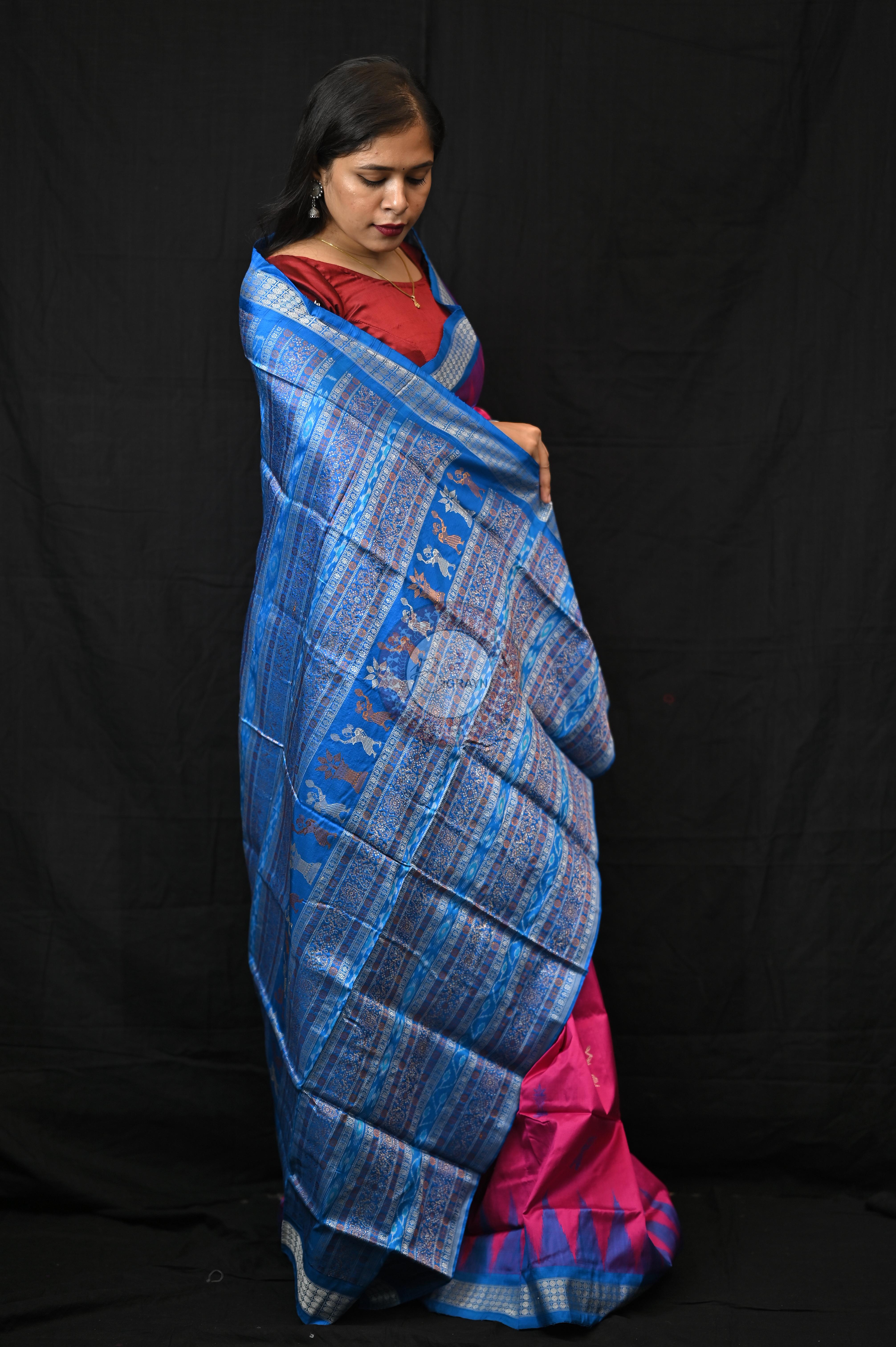 Magenta Blue Tribal Tulsi Leaves Bomkai Silk Saree