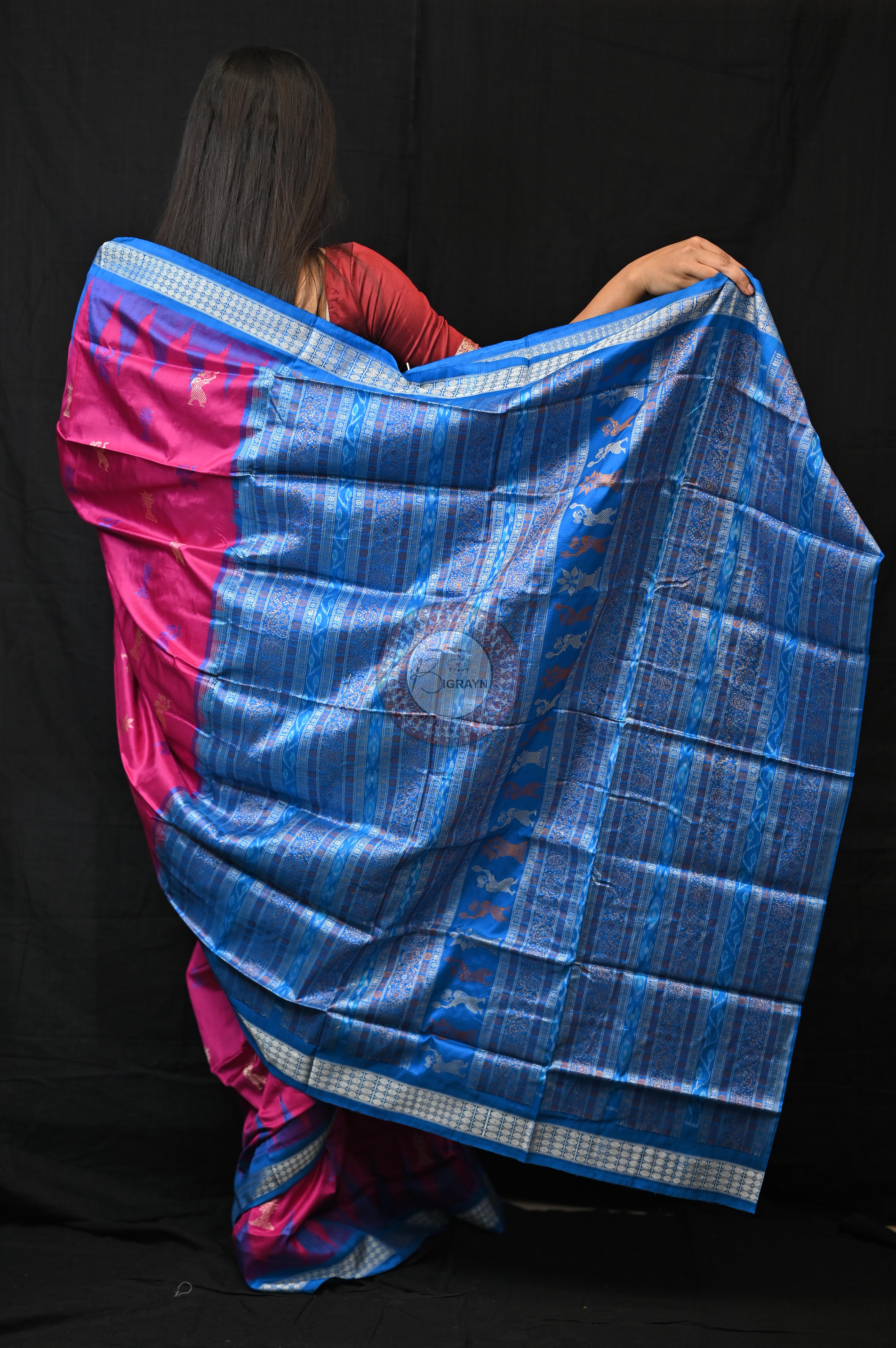 Magenta Blue Tribal Tulsi Leaves Bomkai Silk Saree