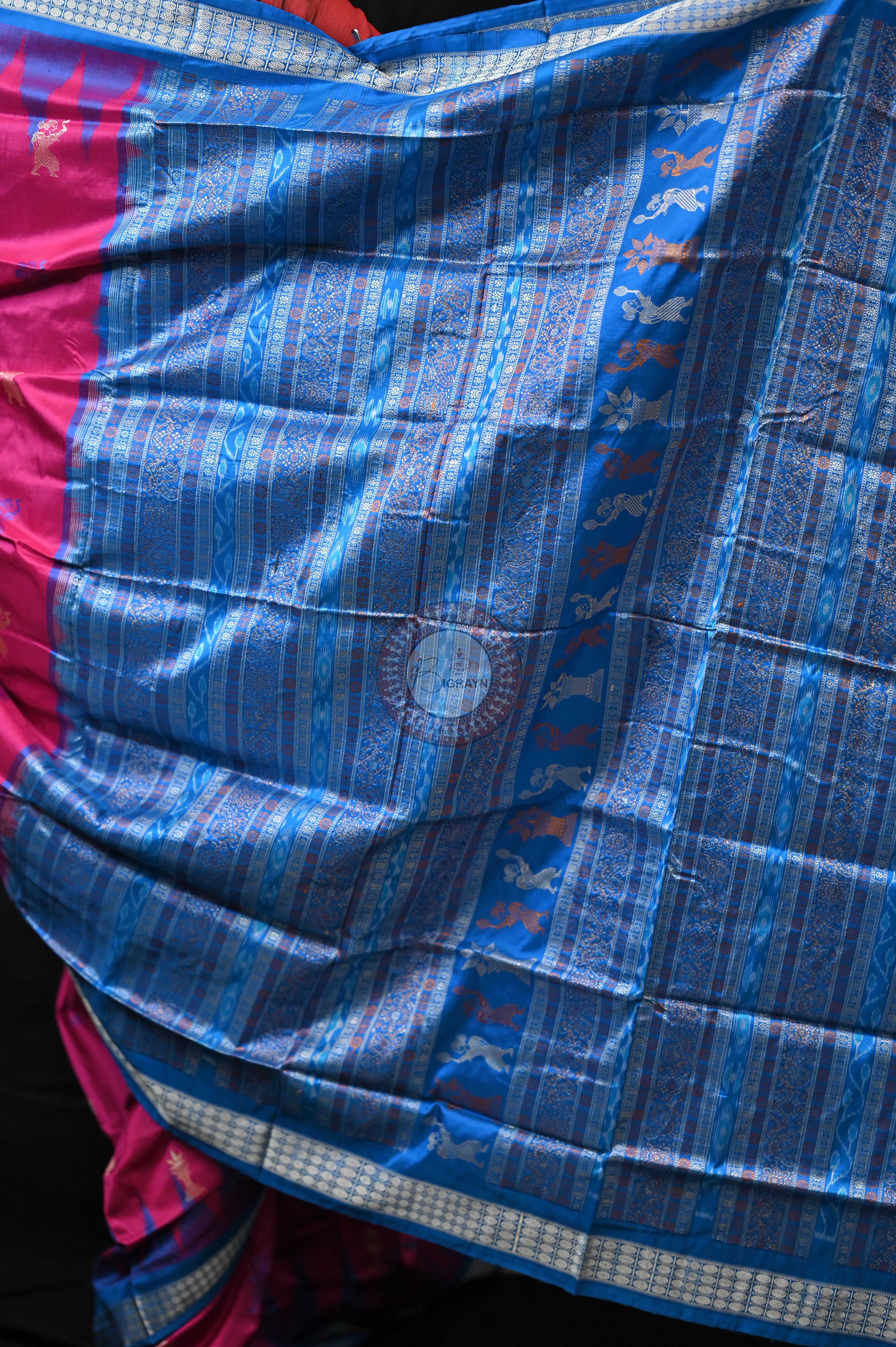 Magenta Blue Tribal Tulsi Leaves Bomkai Silk Saree