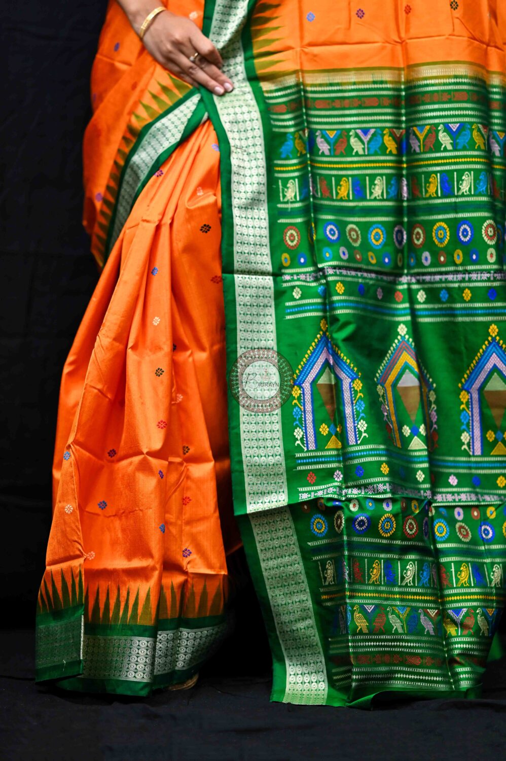 Orange Green Dolabedi Silk Saree