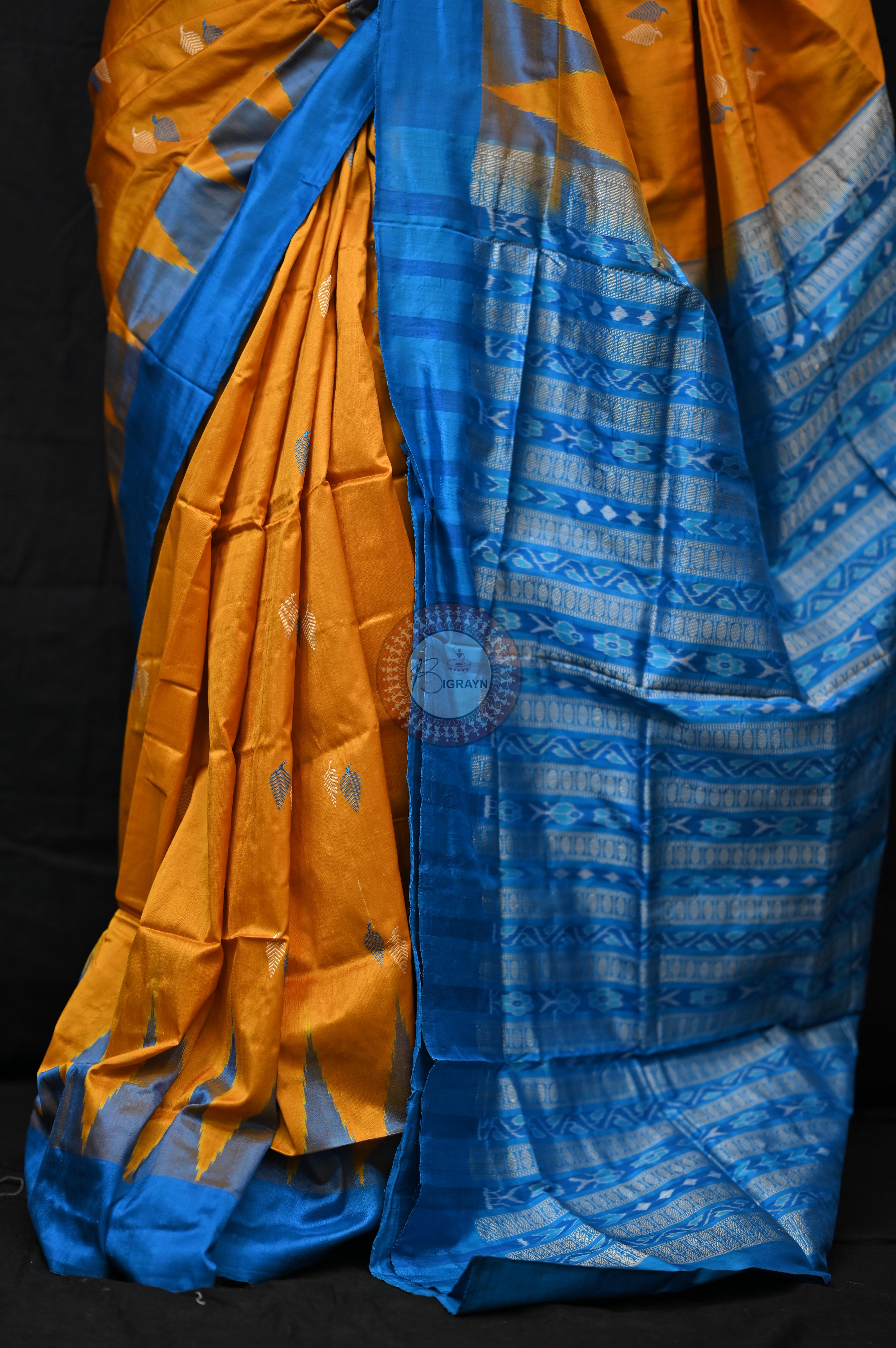 Orange Copper Sulphate Plane Border Bomkai Silk Saree
