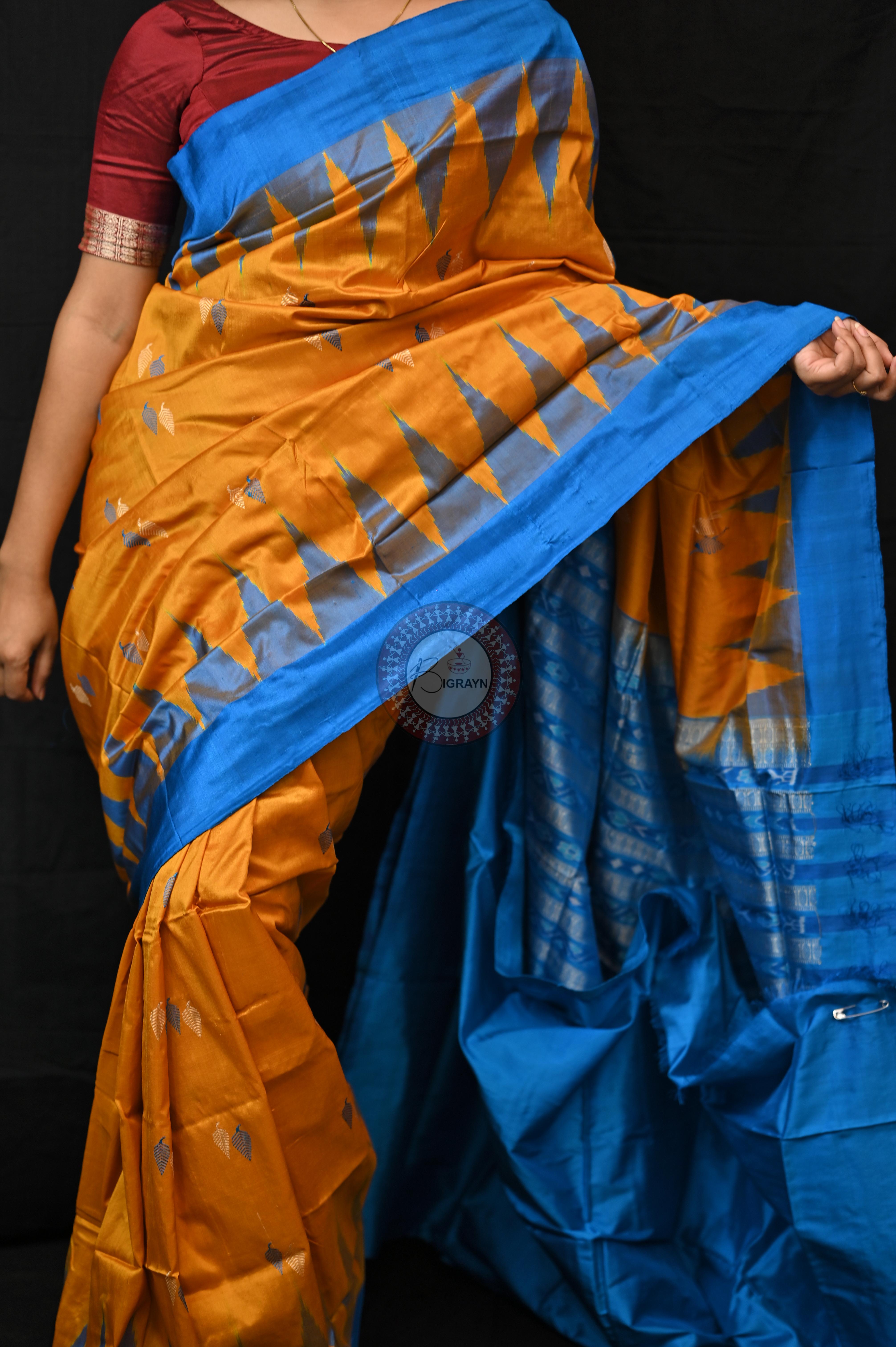 Orange Copper Sulphate Plane Border Bomkai Silk Saree