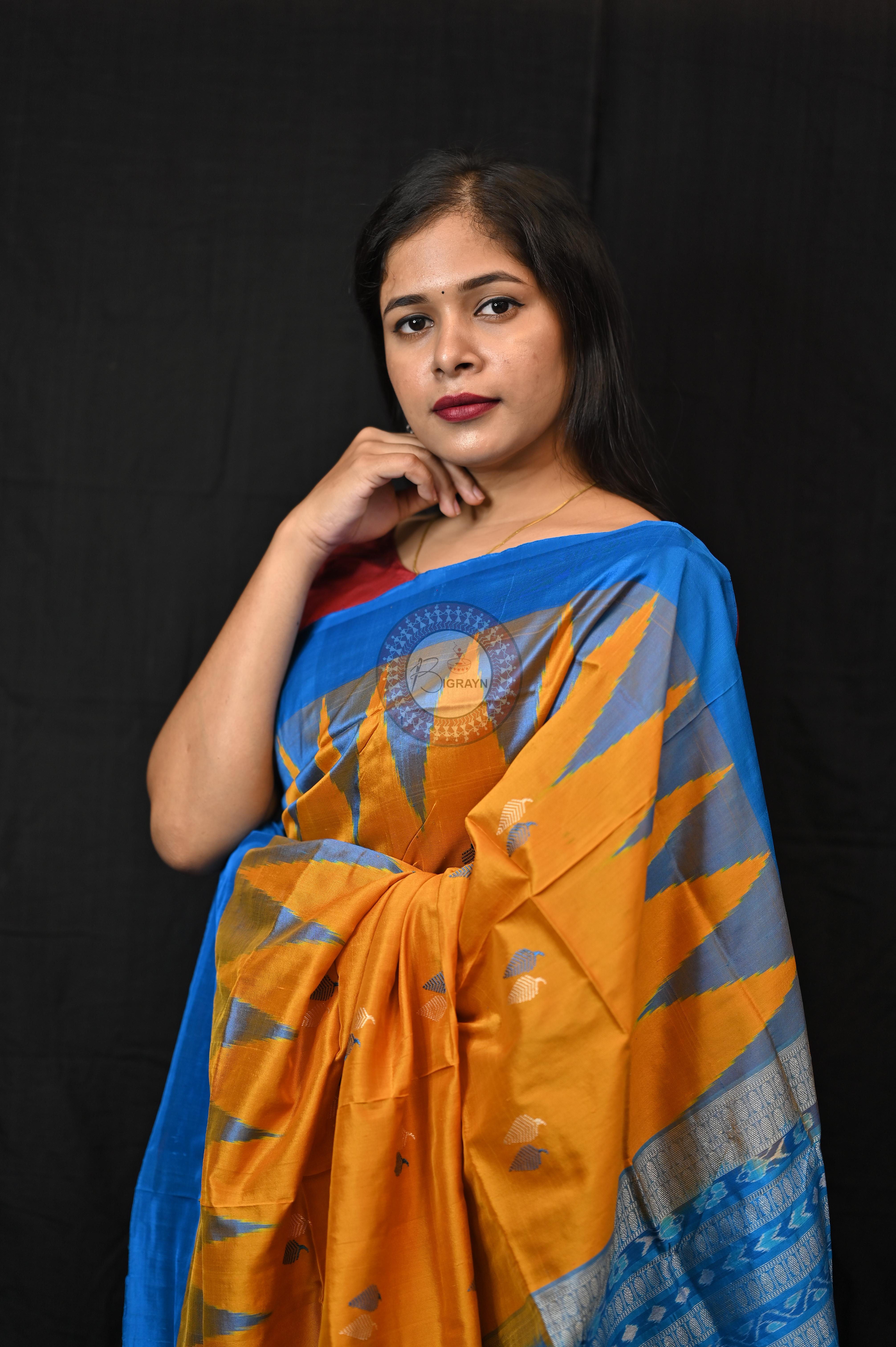 Orange Copper Sulphate Plane Border Bomkai Silk Saree