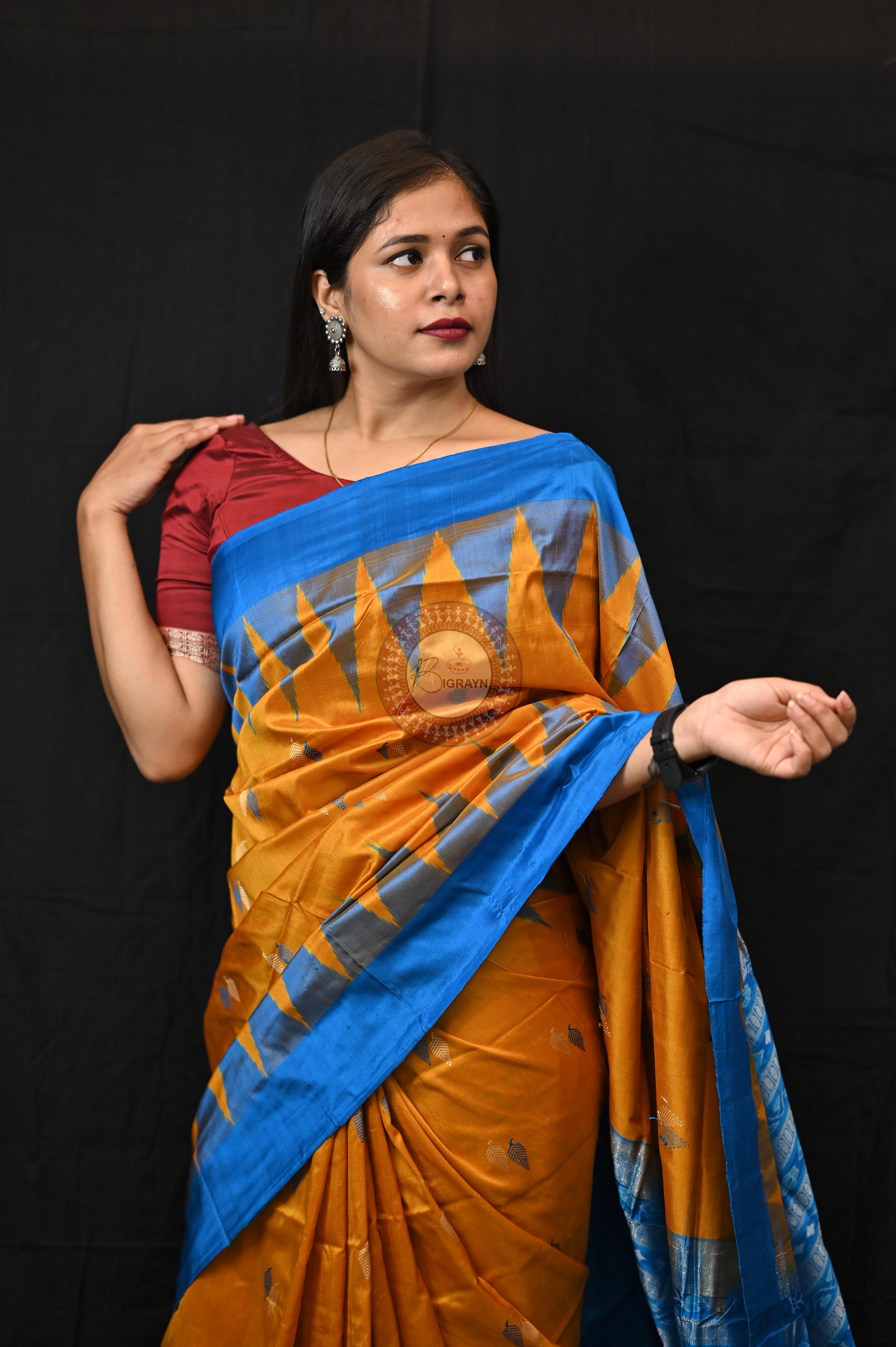 Orange Copper Sulphate Plane Border Bomkai Silk Saree