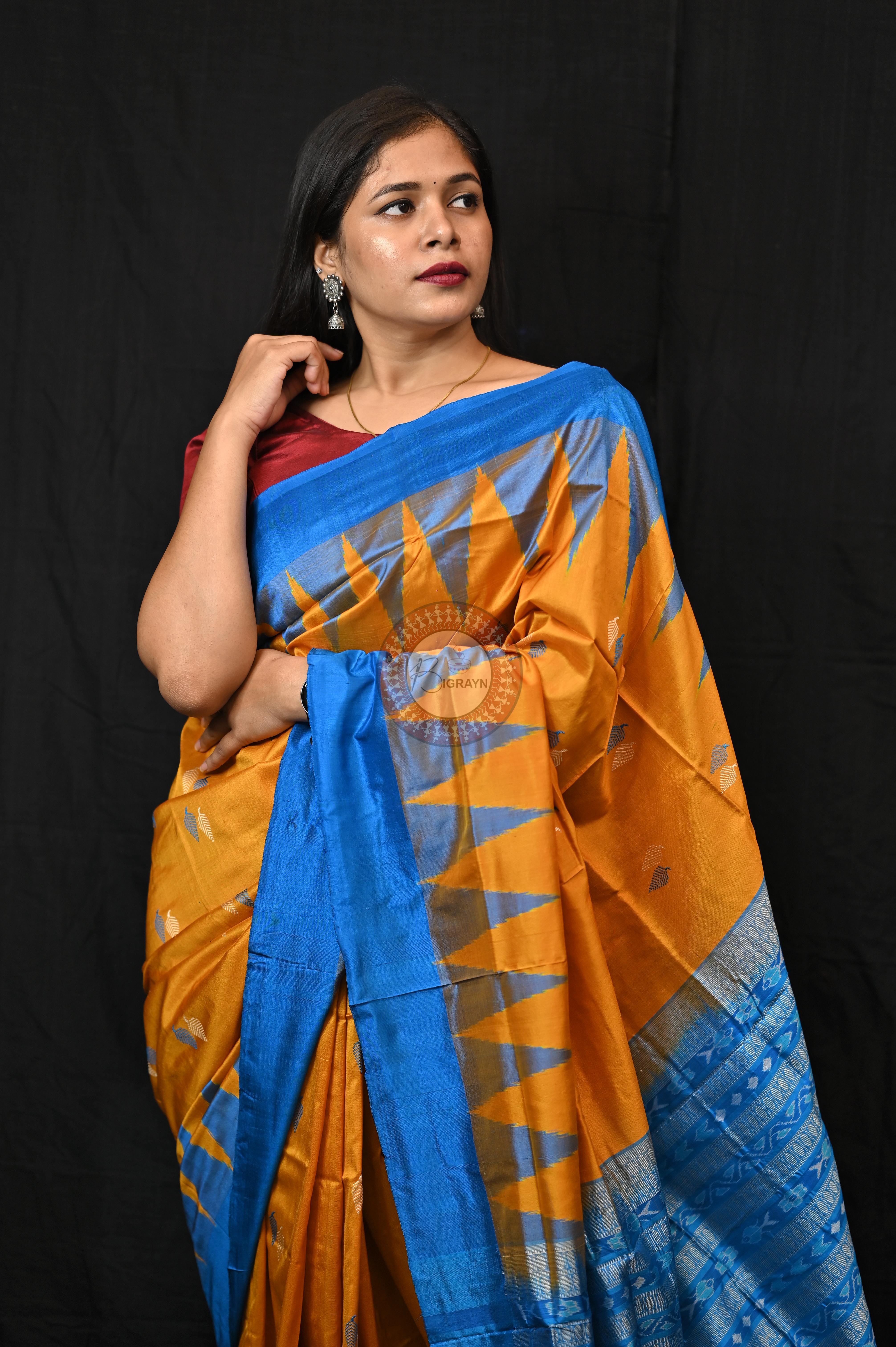Orange Copper Sulphate Plane Border Bomkai Silk Saree