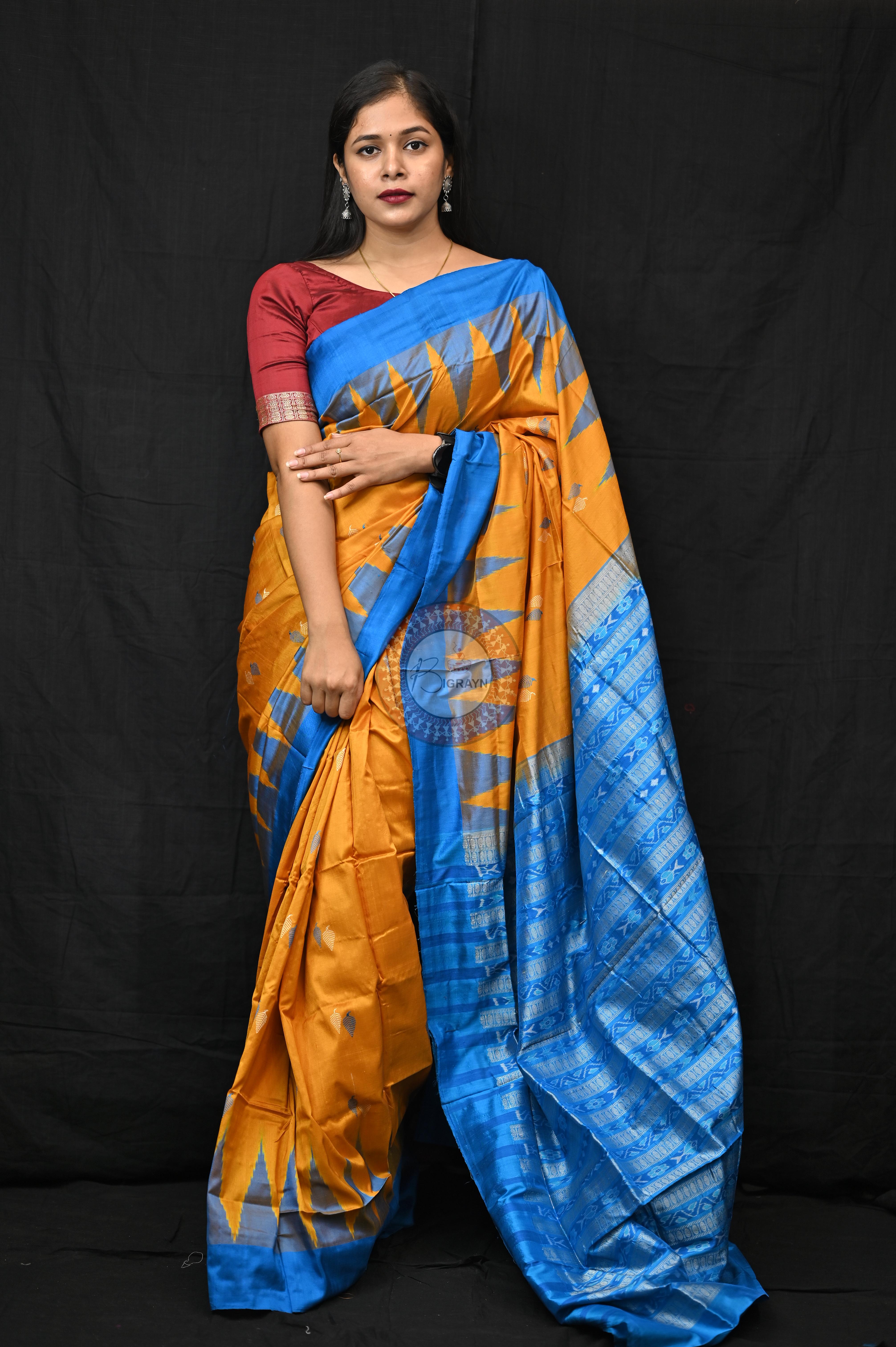 Orange Copper Sulphate Plane Border Bomkai Silk Saree