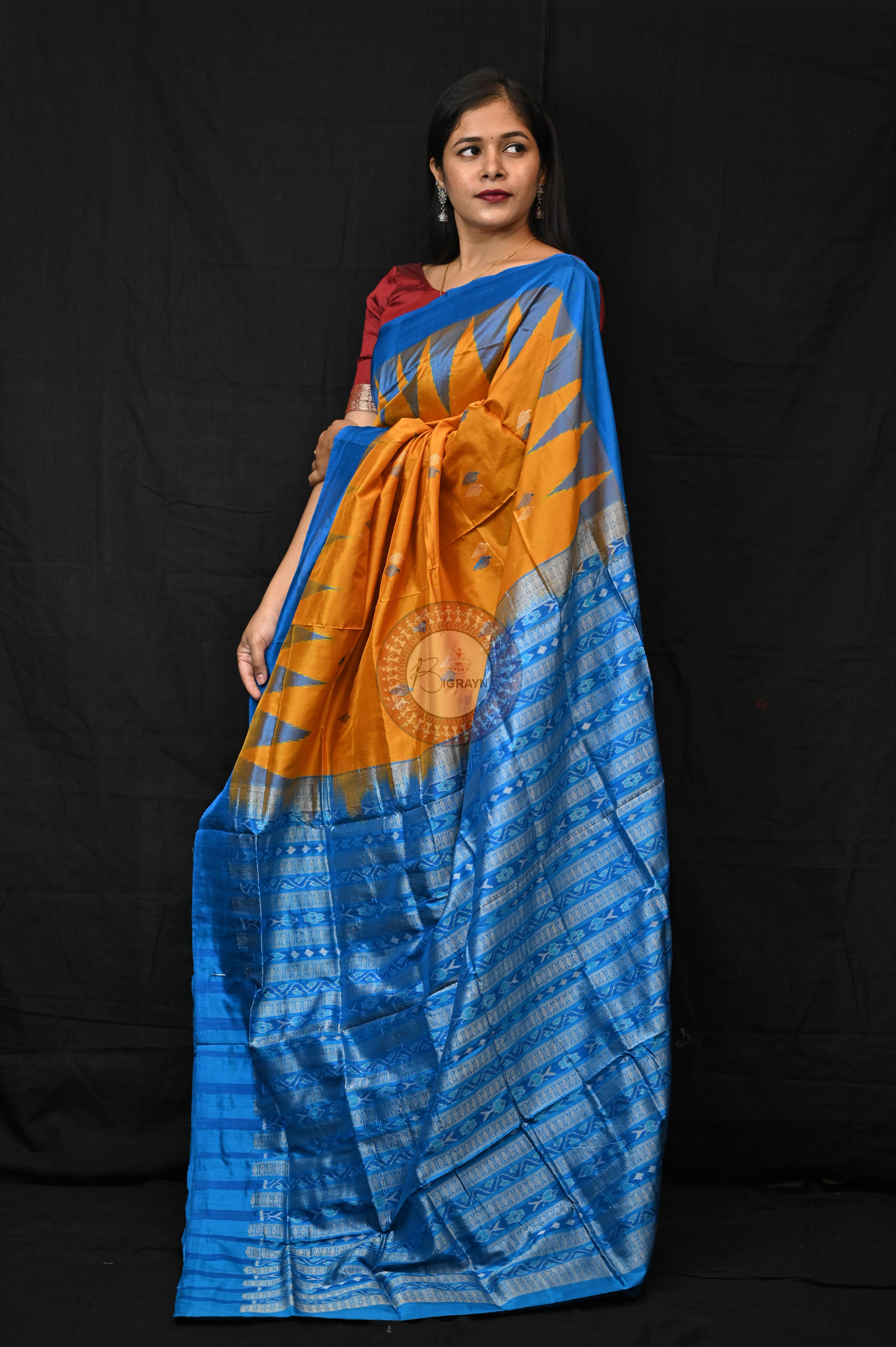Orange Copper Sulphate Plane Border Bomkai Silk Saree