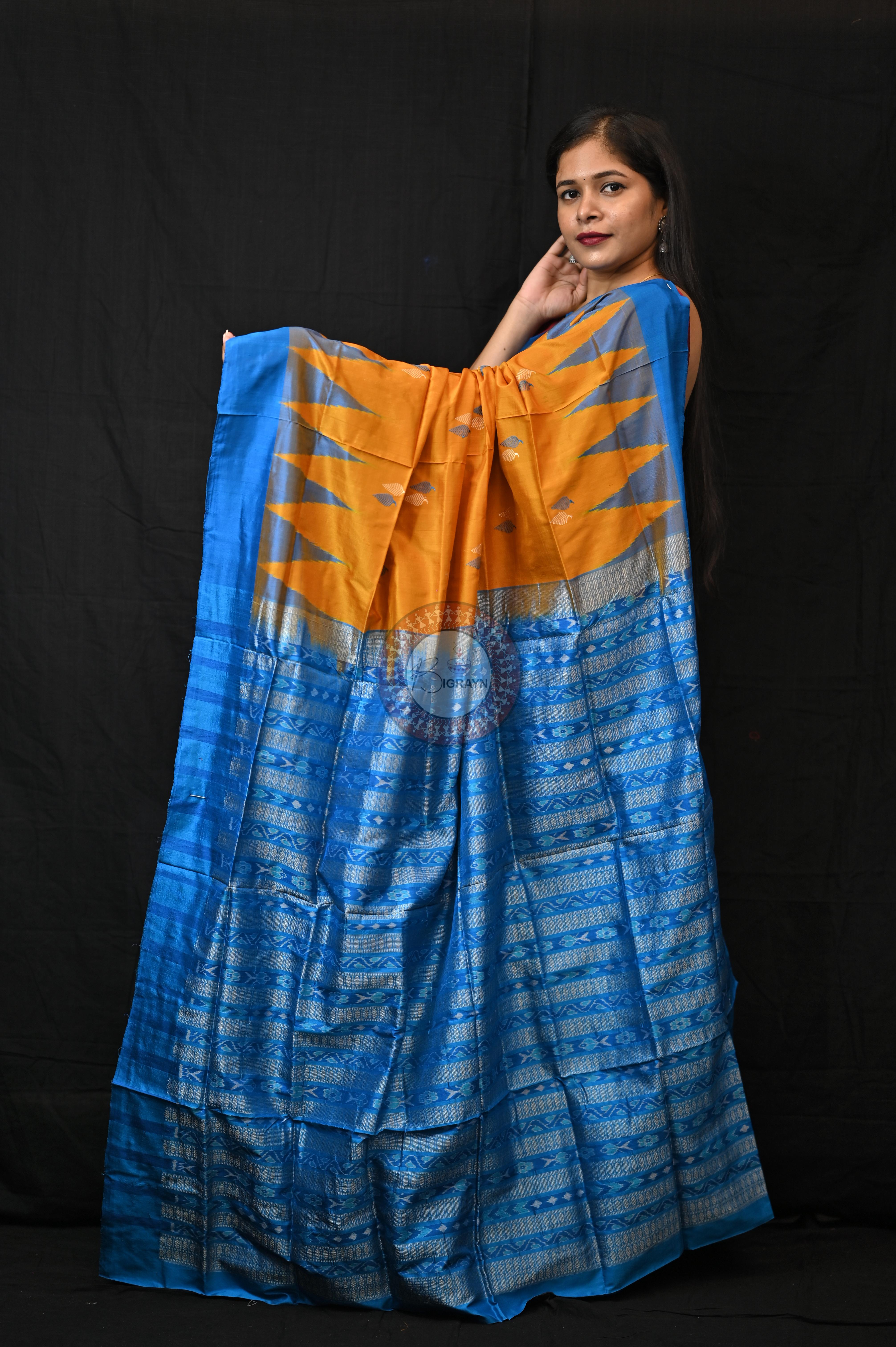 Orange Copper Sulphate Plane Border Bomkai Silk Saree