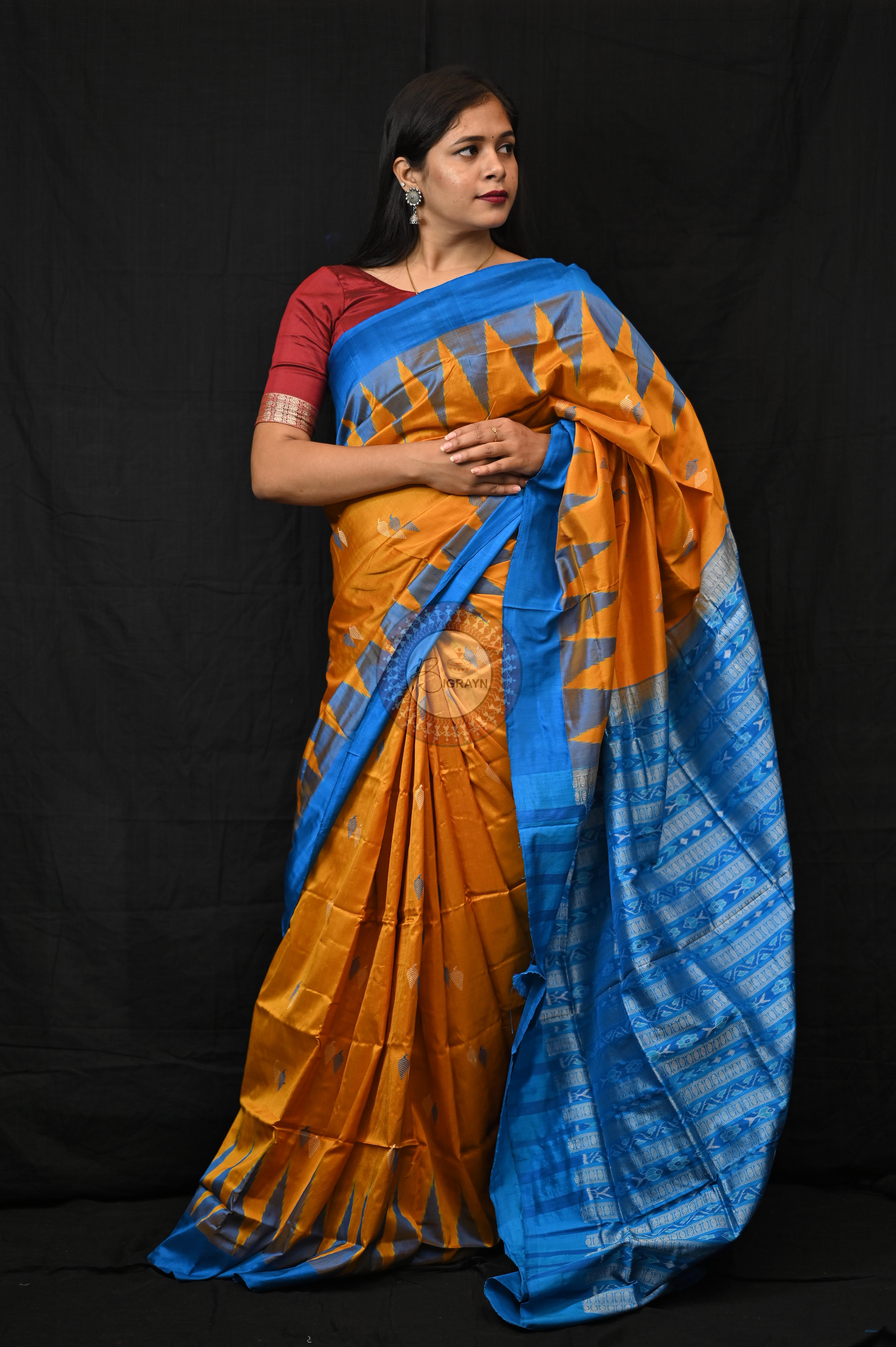 Orange Copper Sulphate Plane Border Bomkai Silk Saree