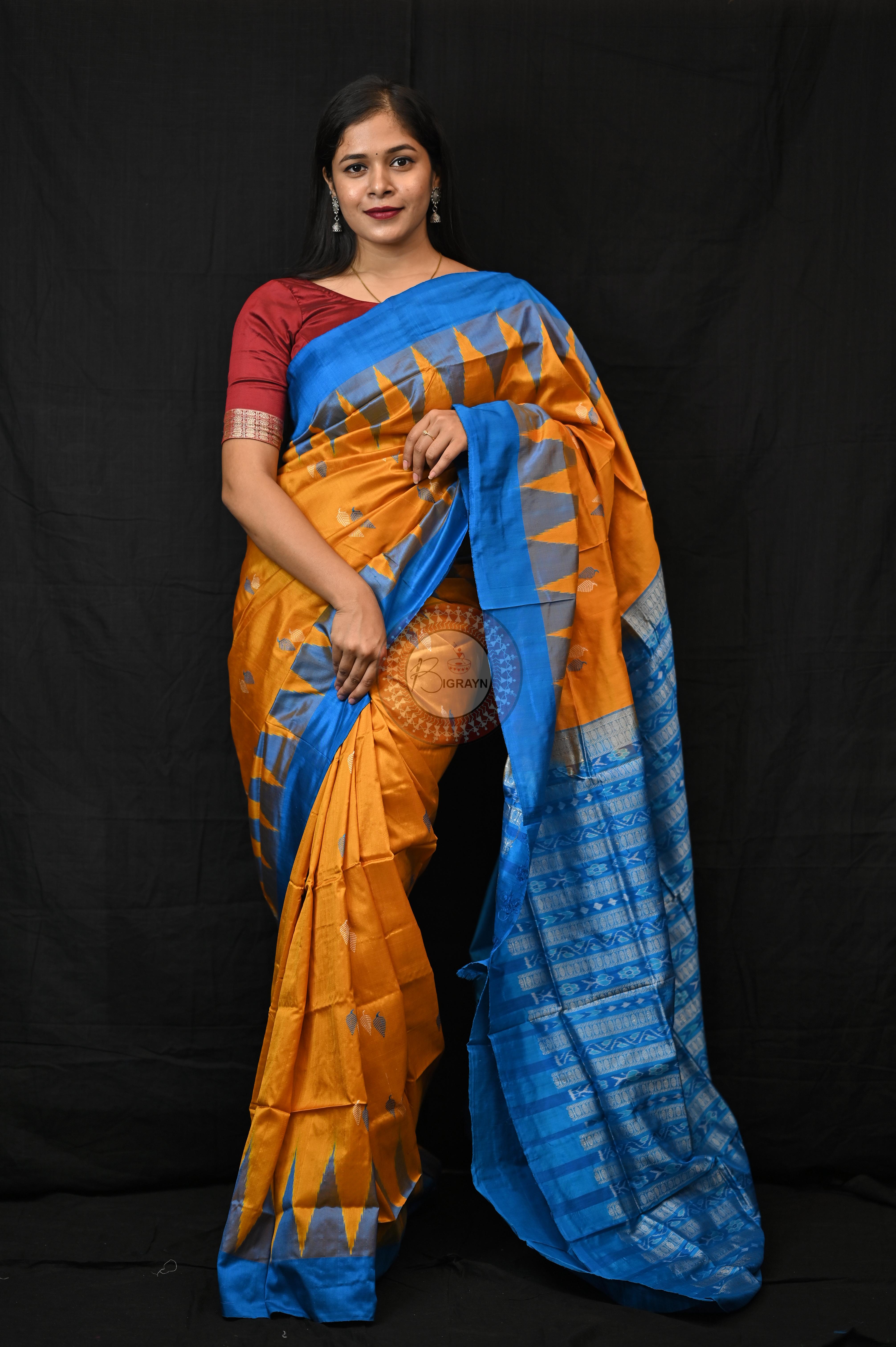 Orange Copper Sulphate Plane Border Bomkai Silk Saree