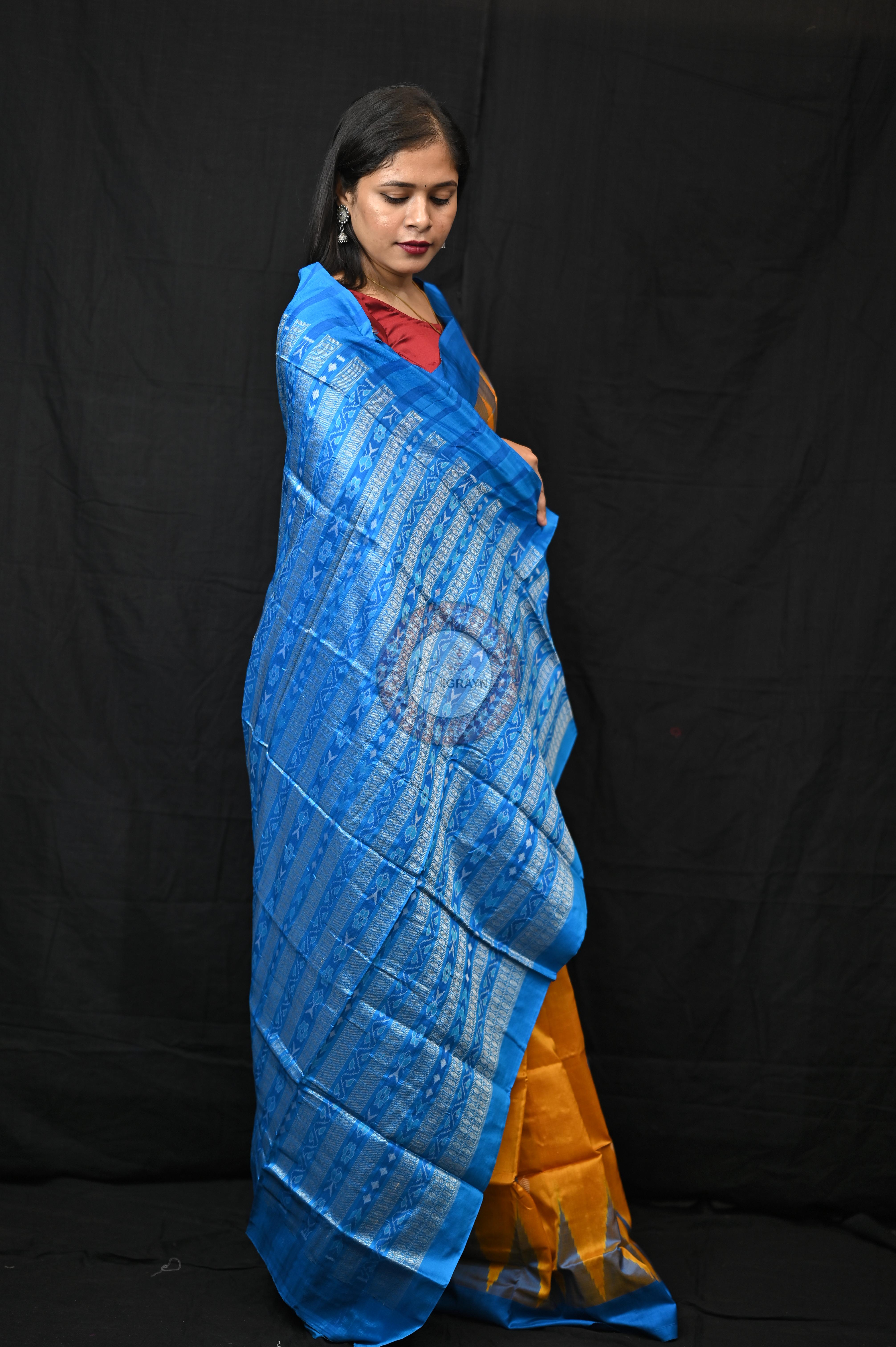 Orange Copper Sulphate Plane Border Bomkai Silk Saree