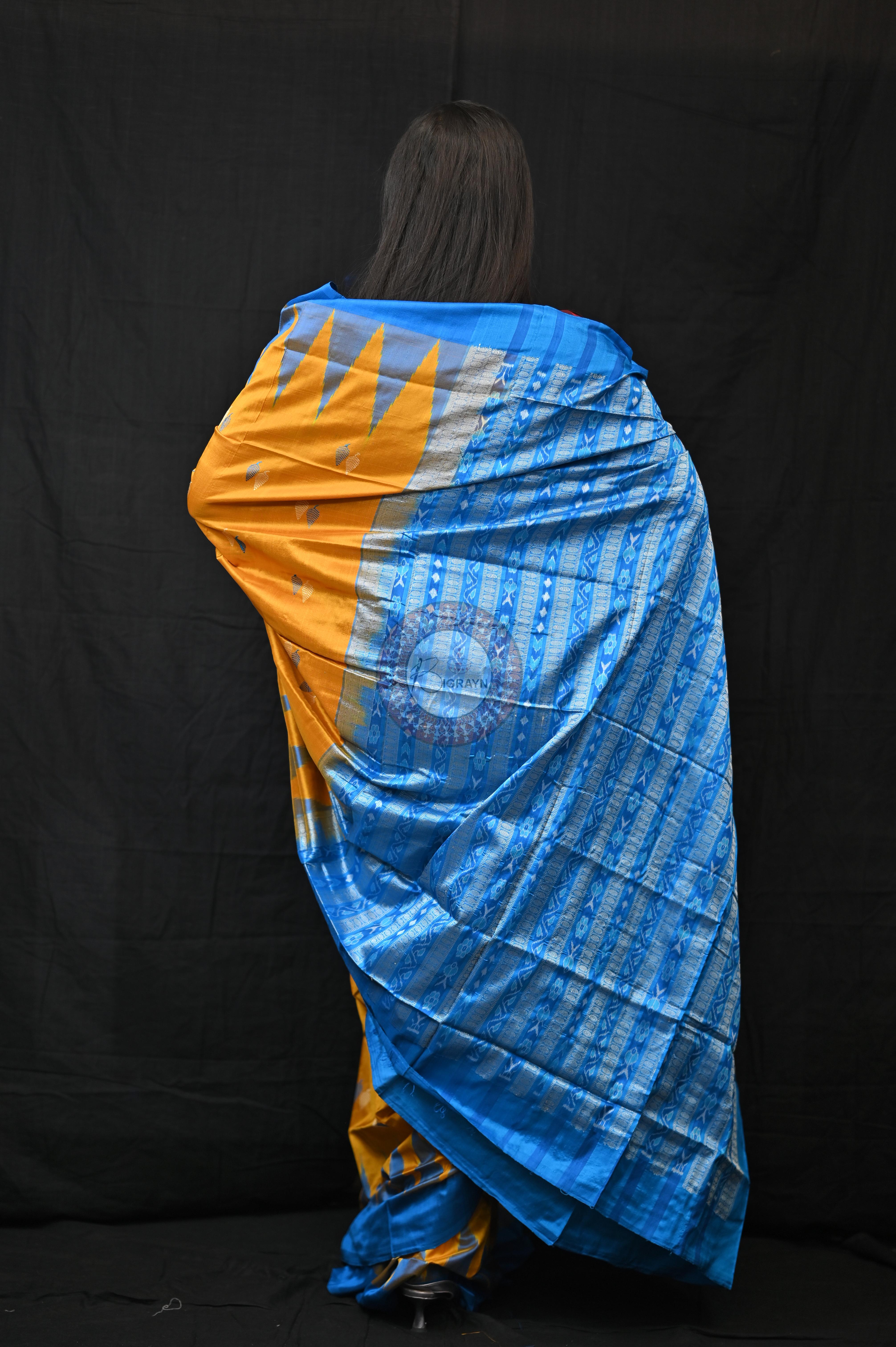 Orange Copper Sulphate Plane Border Bomkai Silk Saree