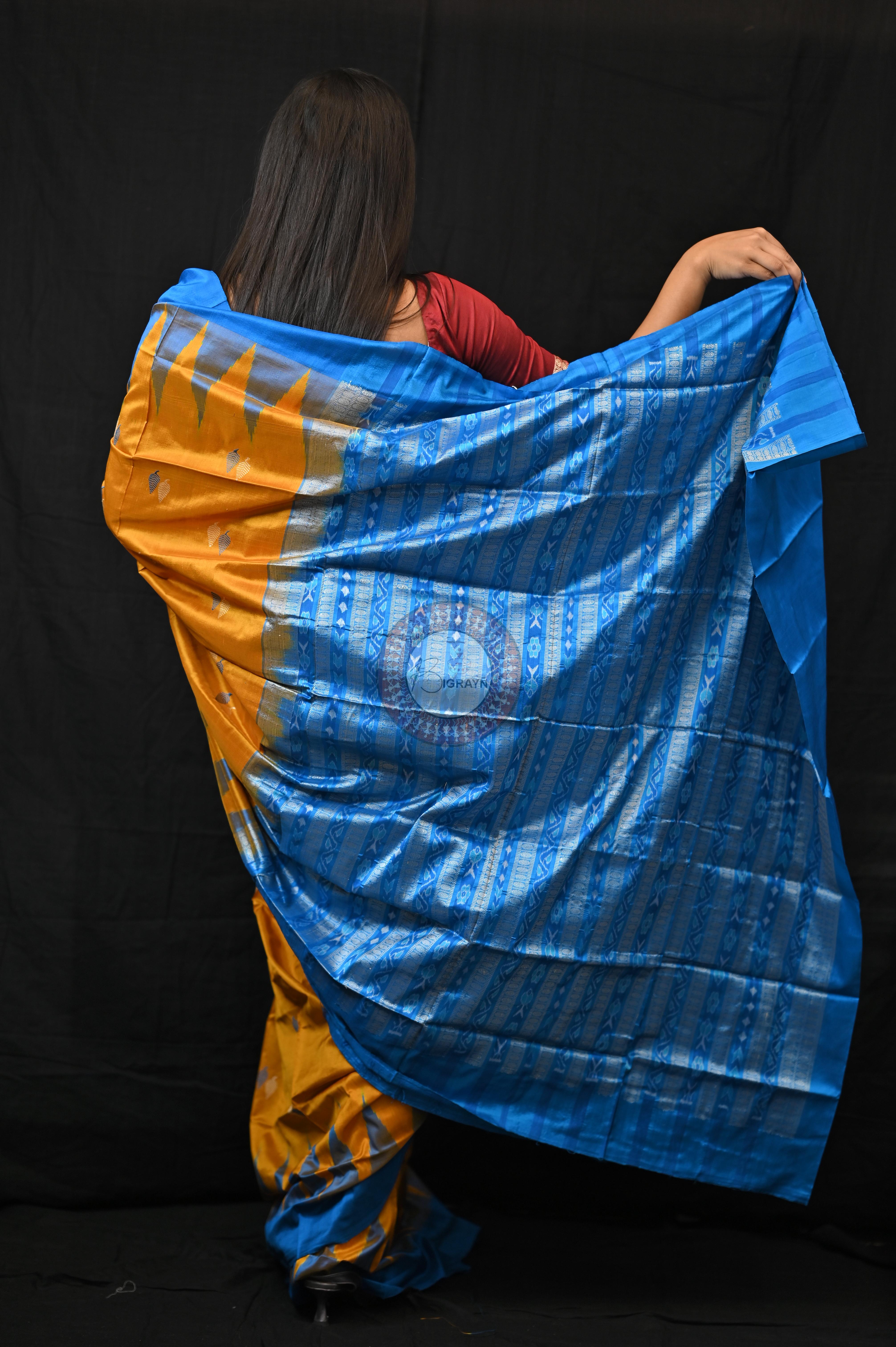 Orange Copper Sulphate Plane Border Bomkai Silk Saree