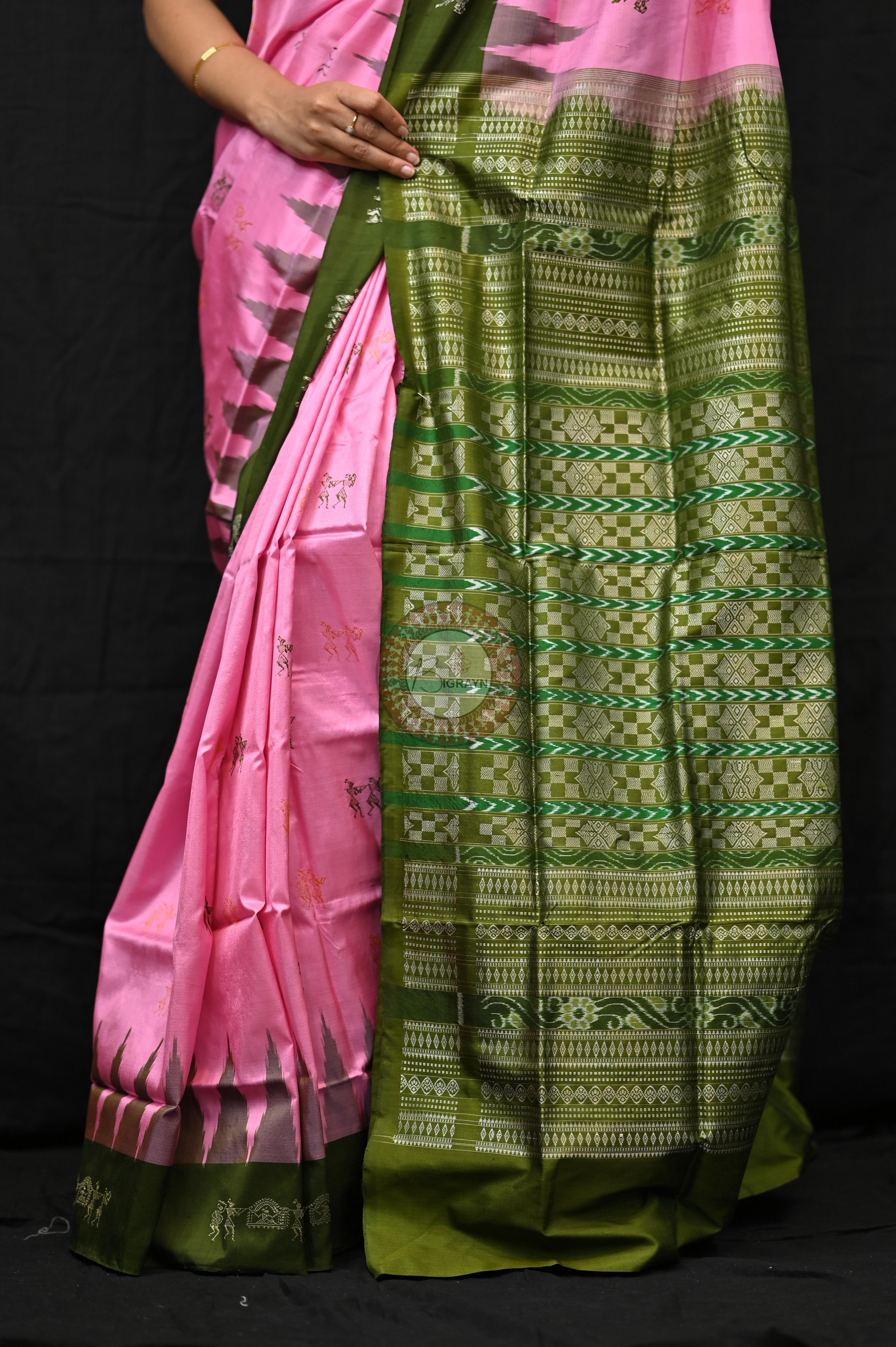 Pink Mehendi Green Sabari Bomkai Silk Saree