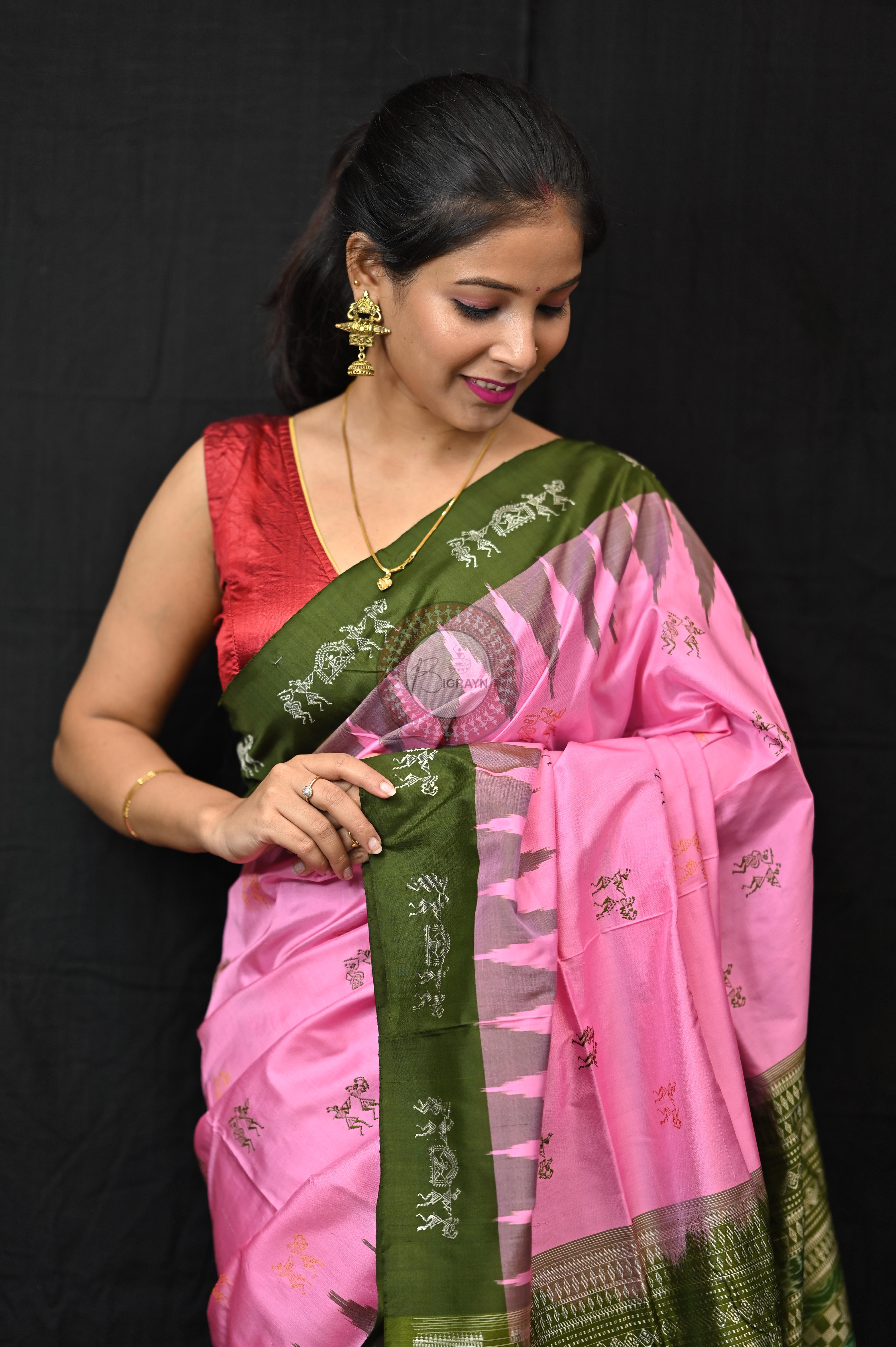 Pink Mehendi Green Sabari Bomkai Silk Saree