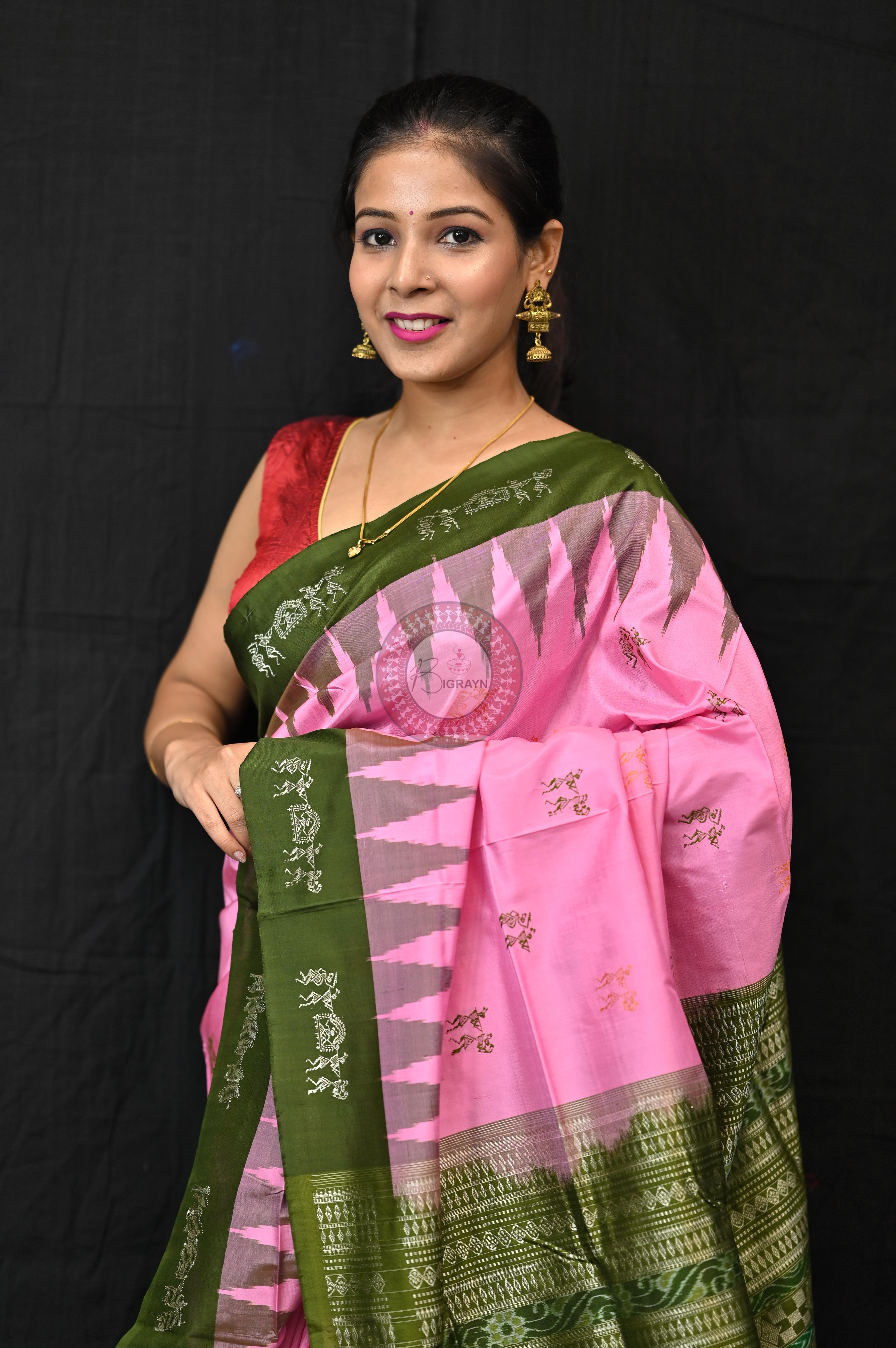 Pink Mehendi Green Sabari Bomkai Silk Saree