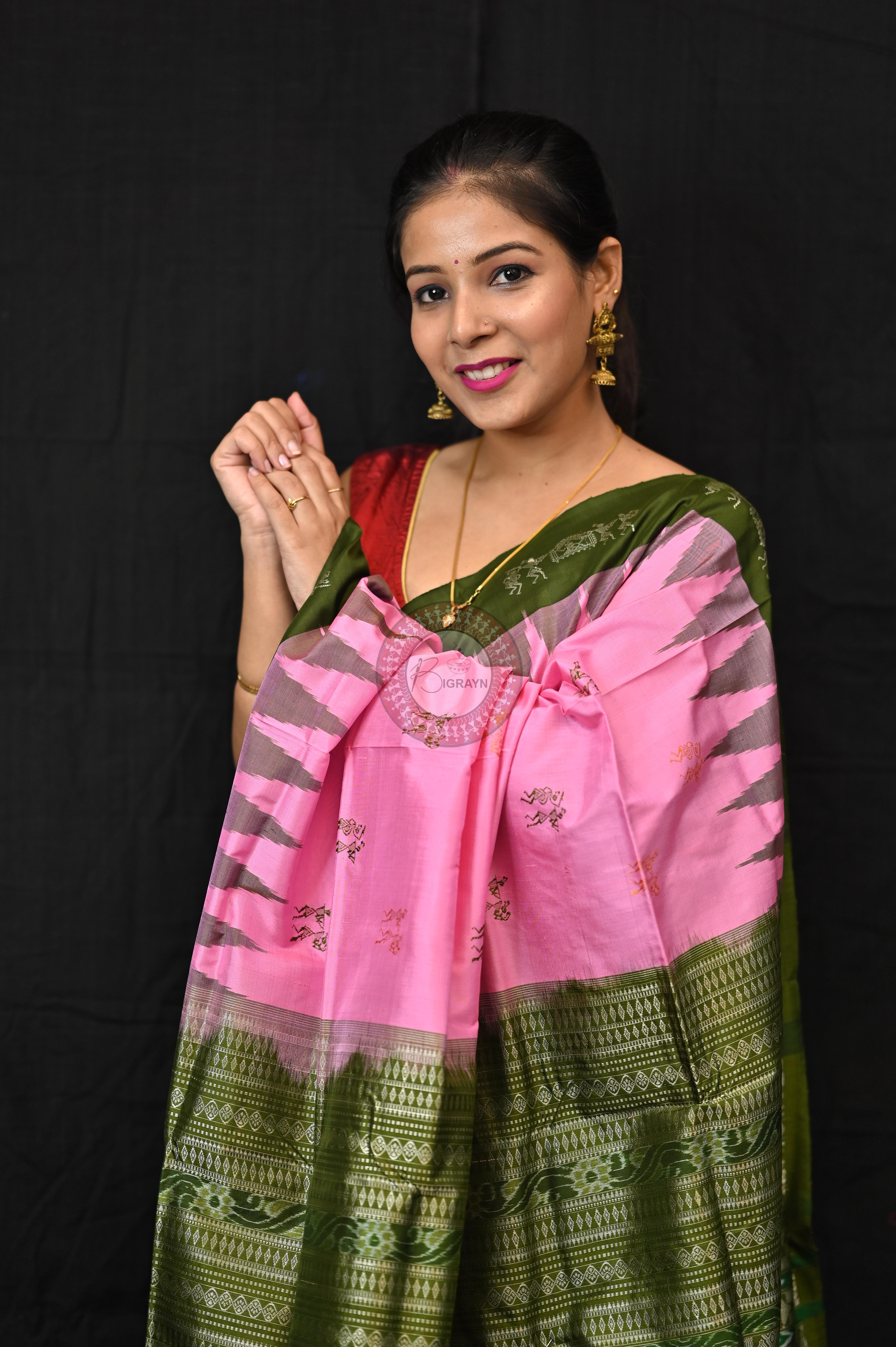 Pink Mehendi Green Sabari Bomkai Silk Saree