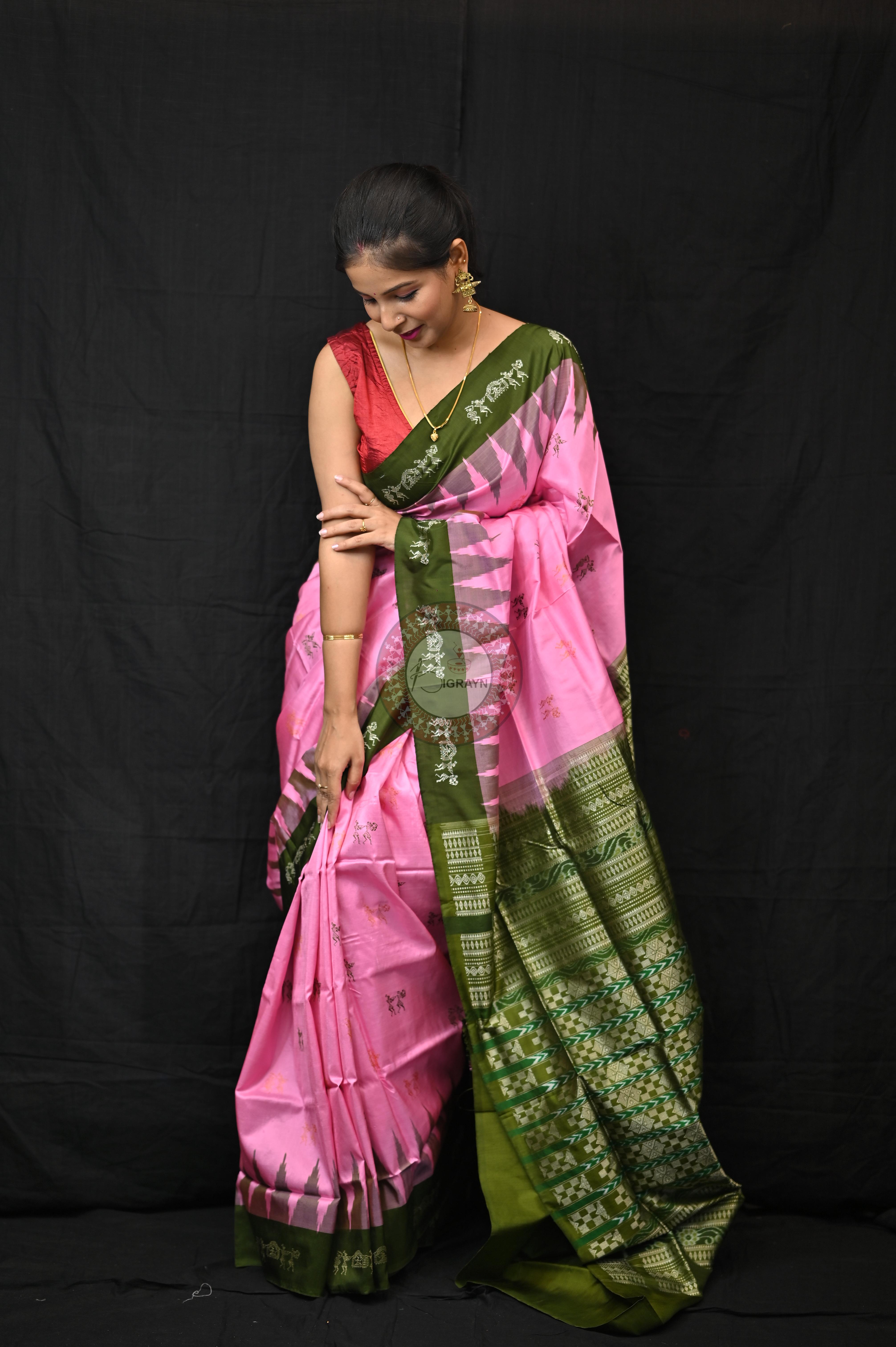 Pink Mehendi Green Sabari Bomkai Silk Saree