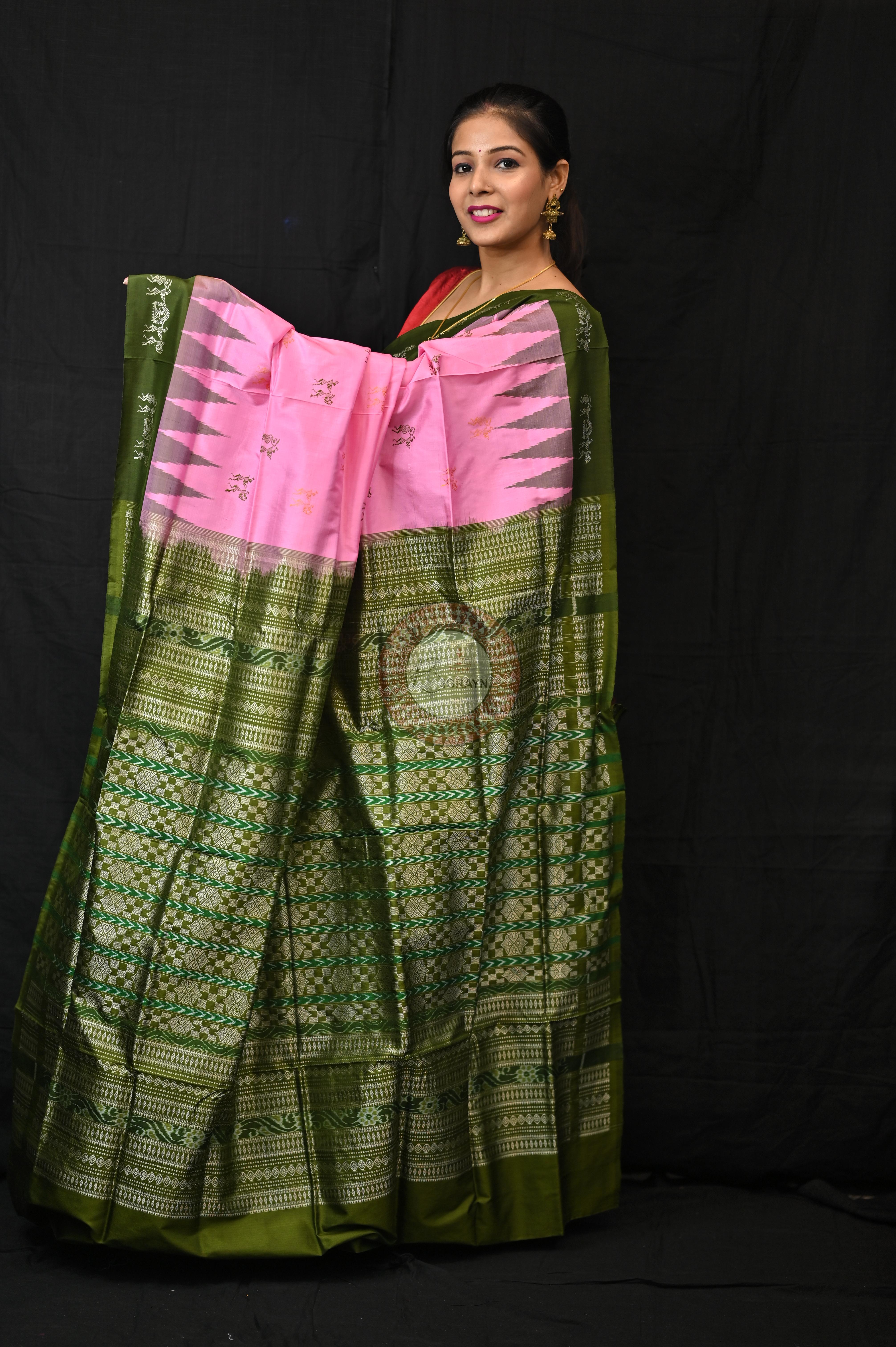 Pink Mehendi Green Sabari Bomkai Silk Saree