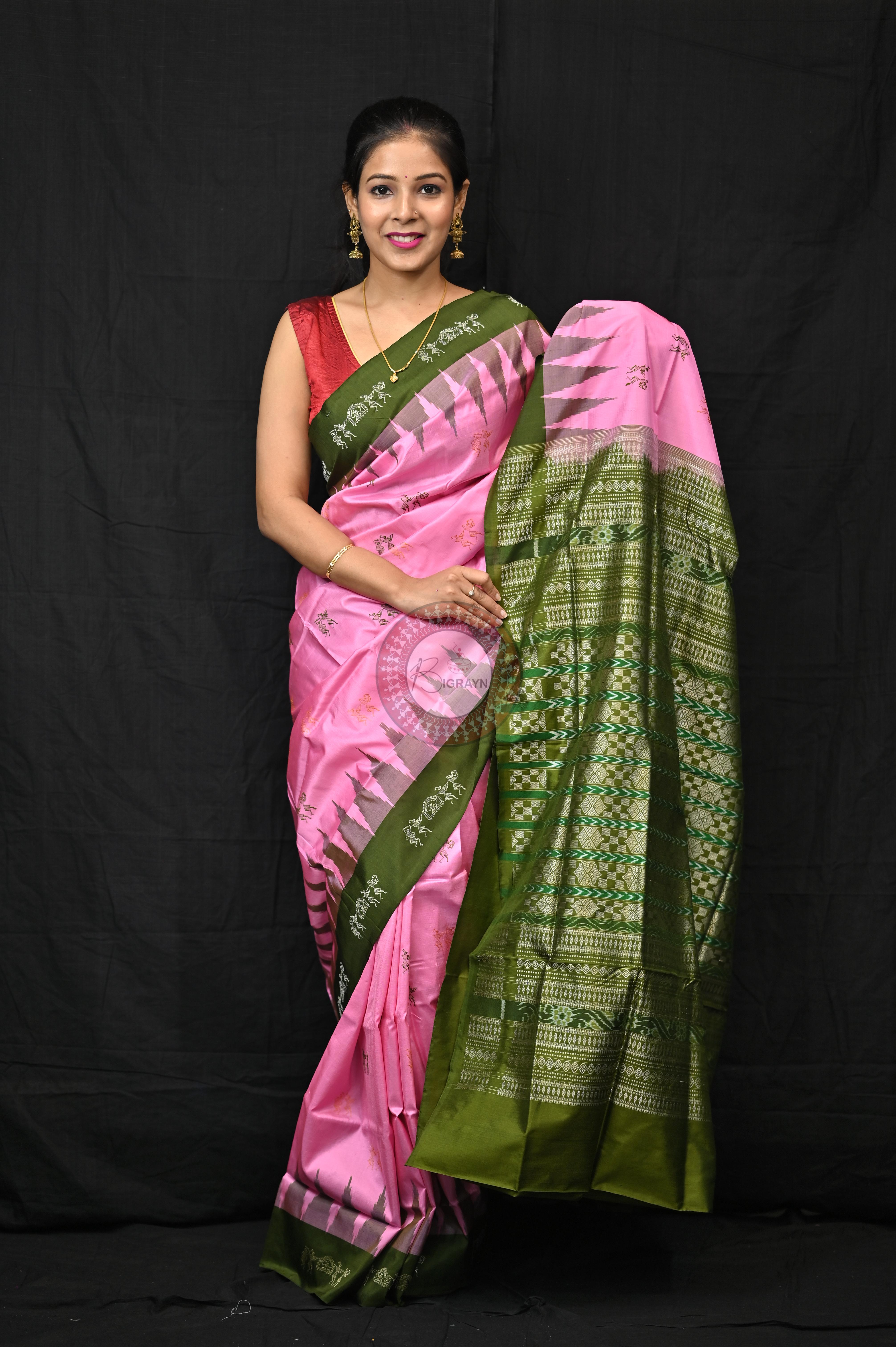 Pink Mehendi Green Sabari Bomkai Silk Saree