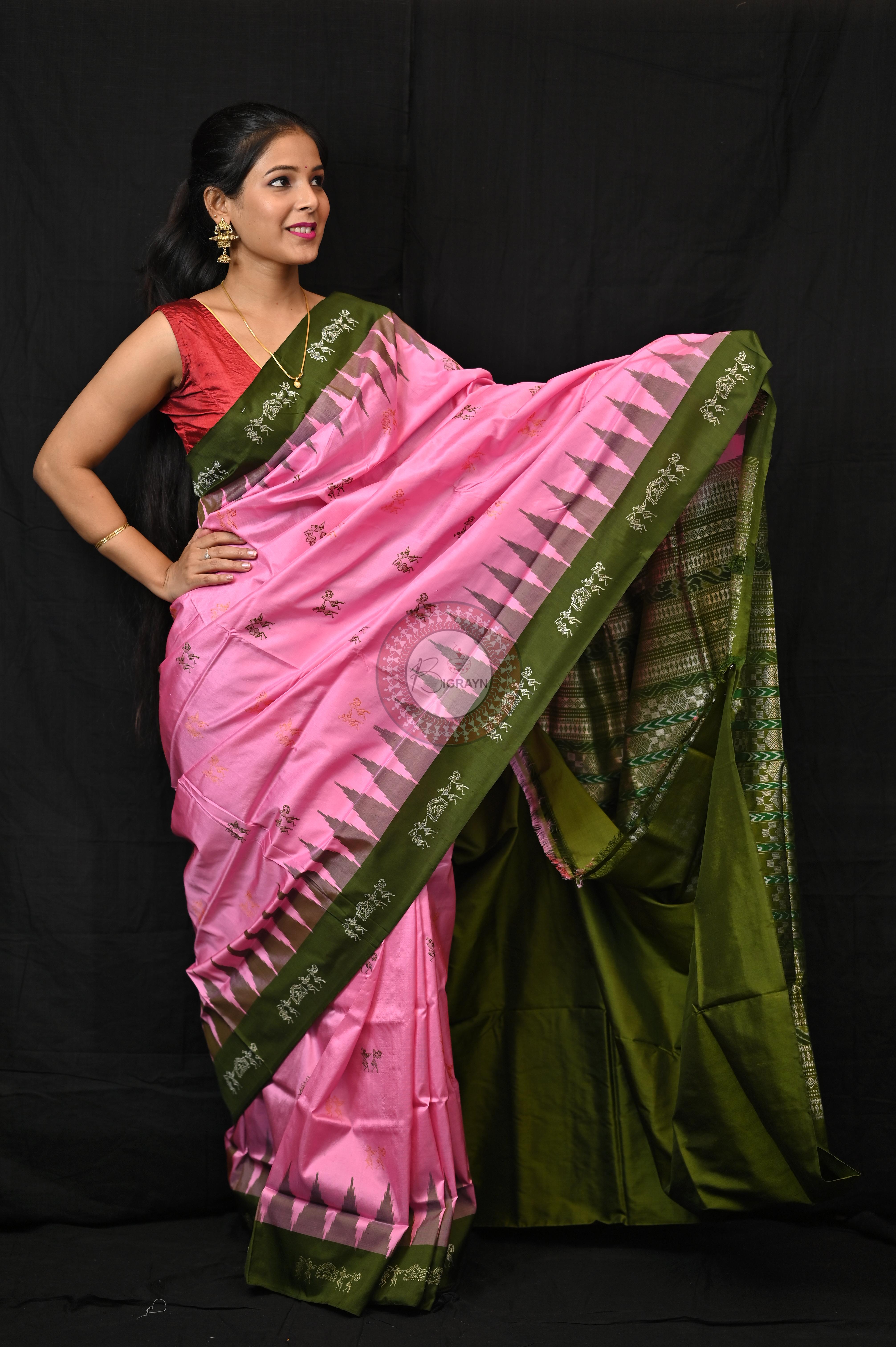 Pink Mehendi Green Sabari Bomkai Silk Saree