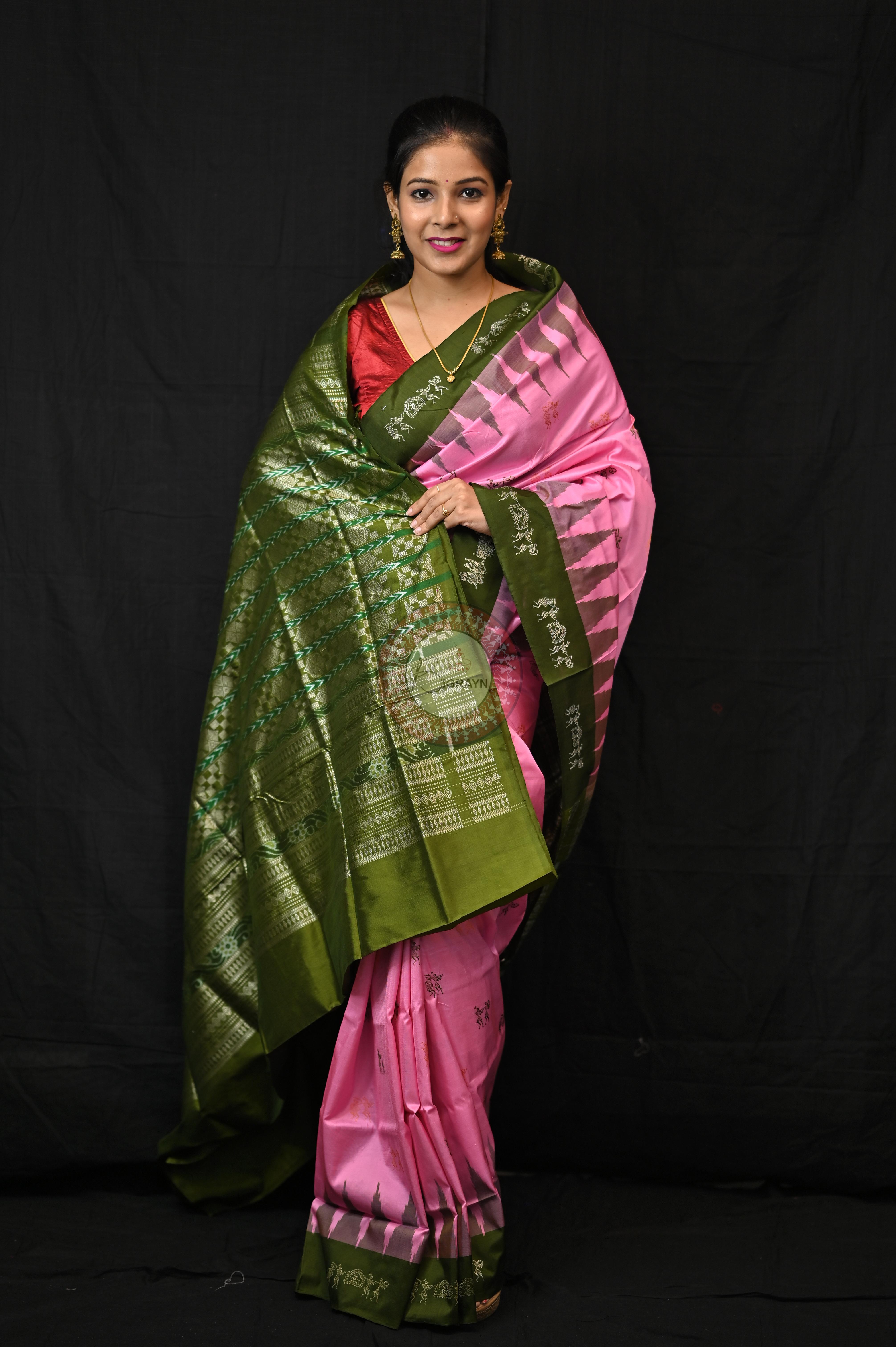 Pink Mehendi Green Sabari Bomkai Silk Saree