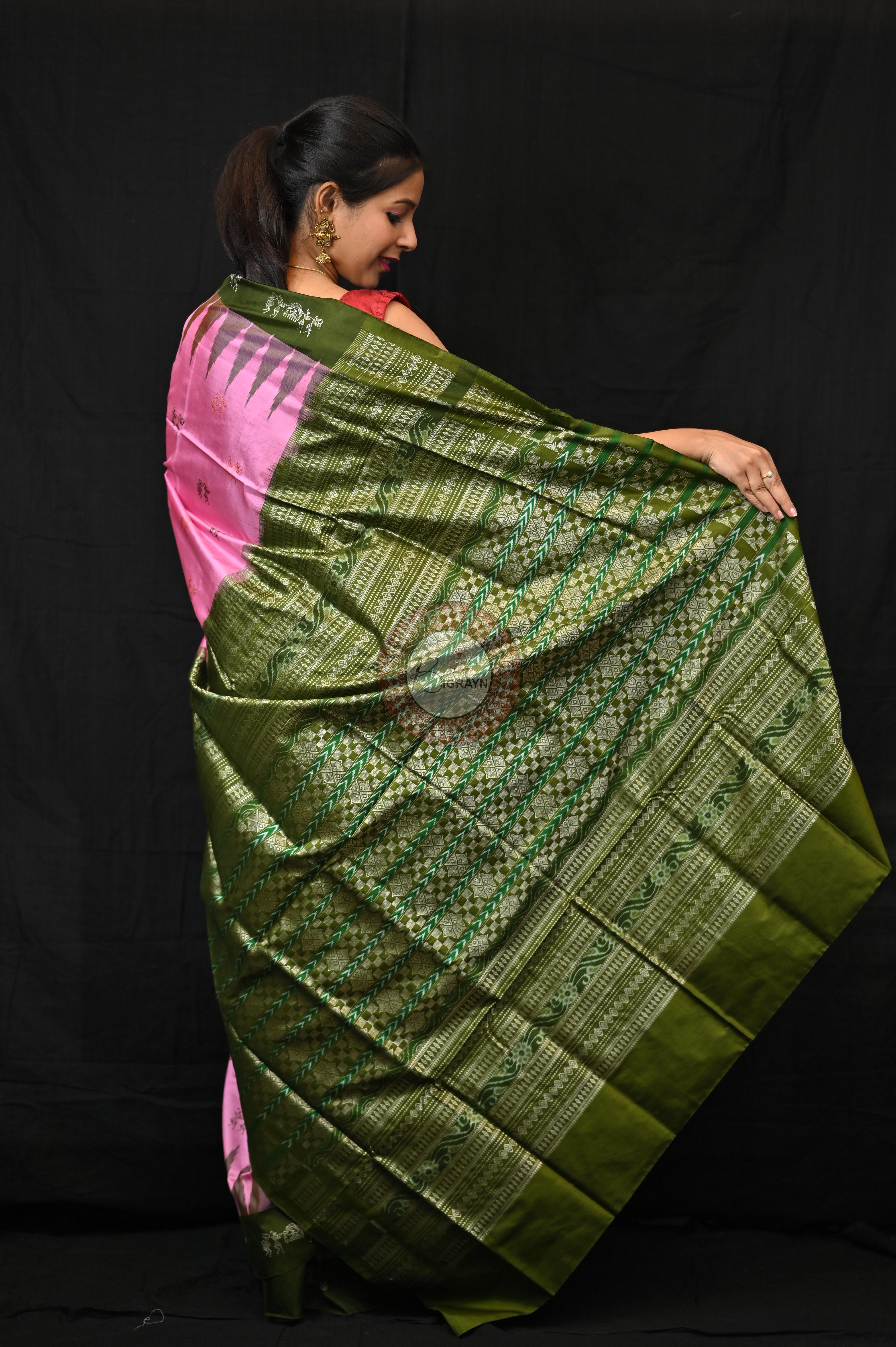 Pink Mehendi Green Sabari Bomkai Silk Saree