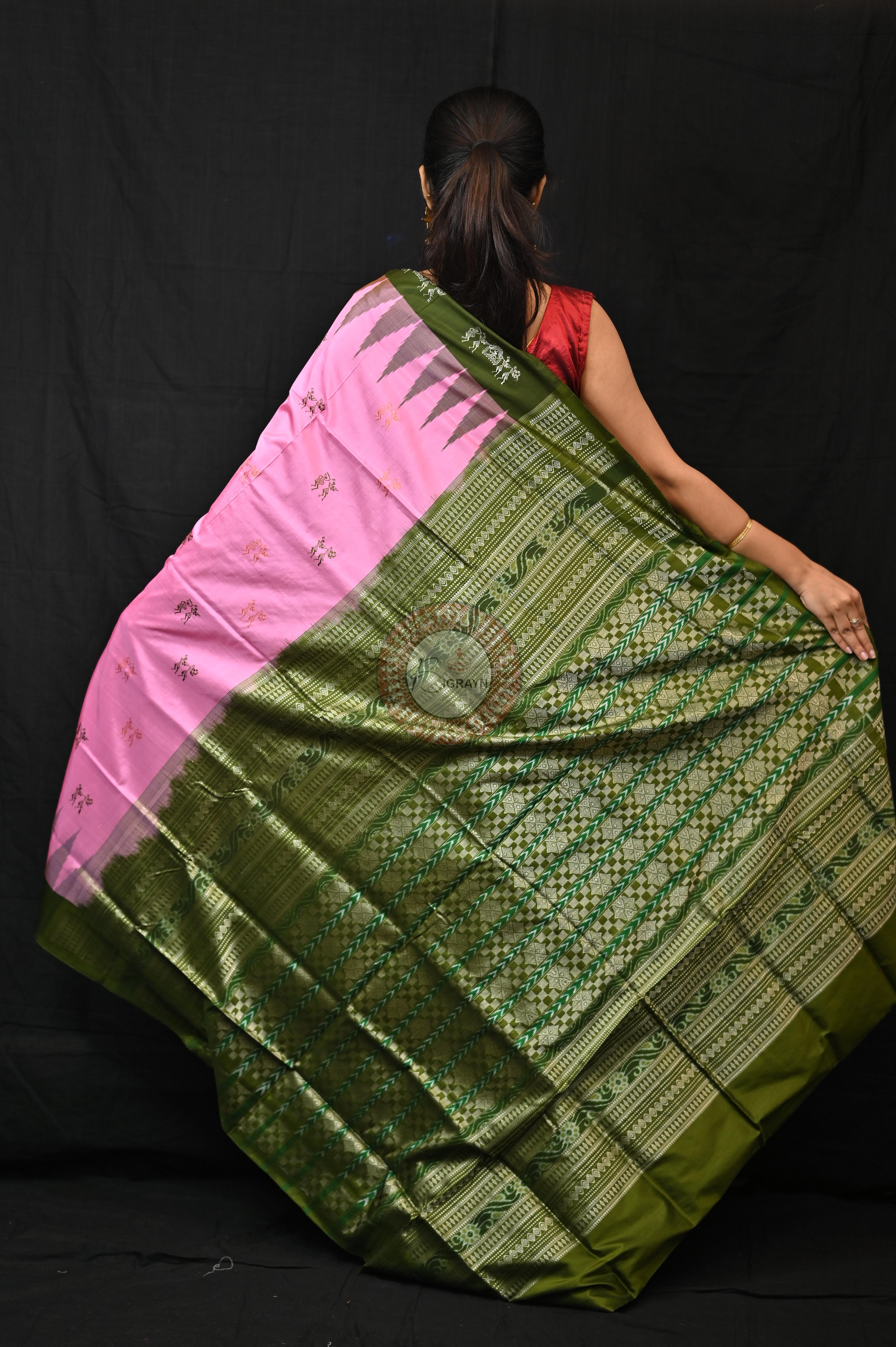 Pink Mehendi Green Sabari Bomkai Silk Saree