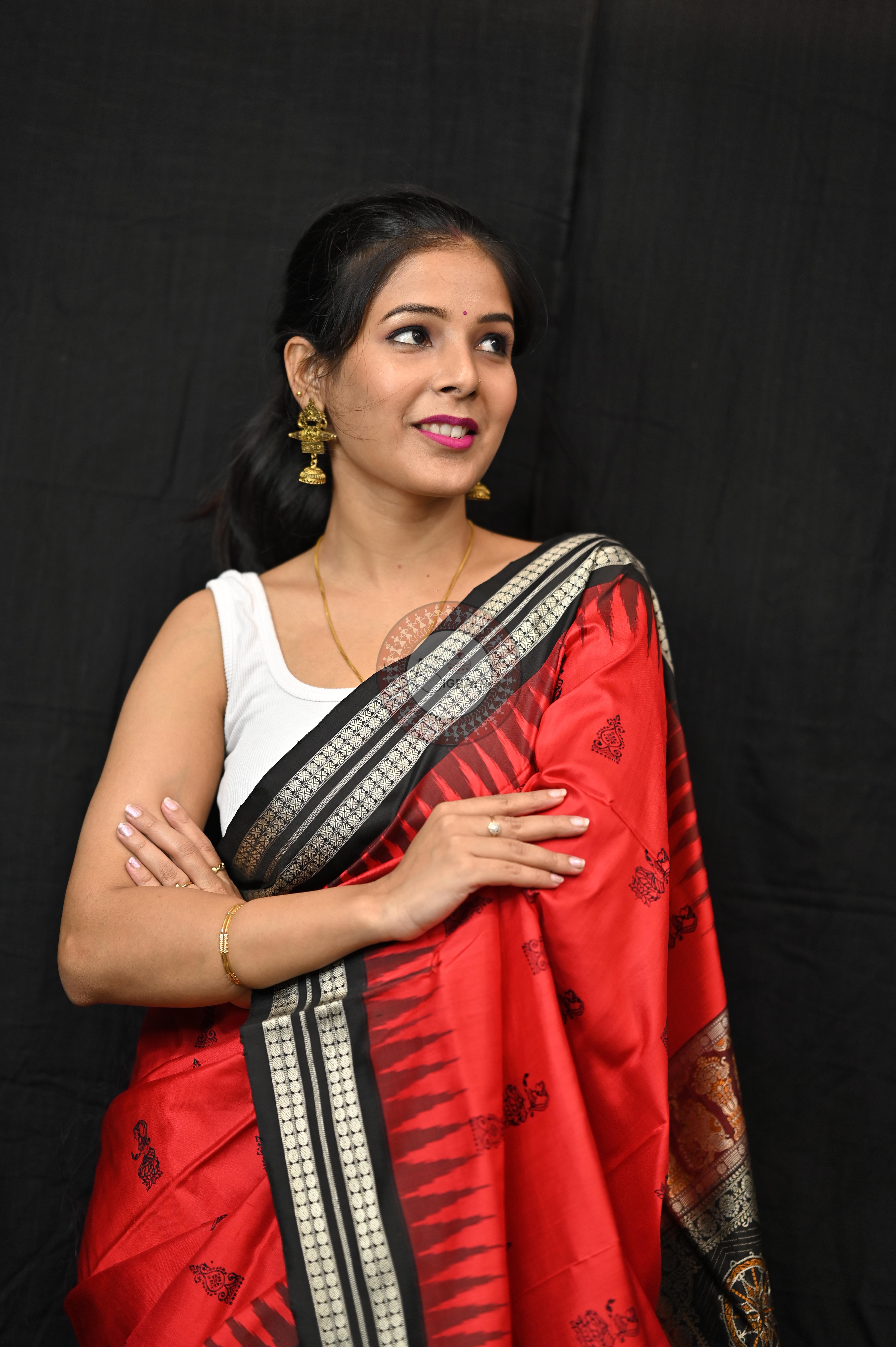 Red Black Tribal Deepa Bomkai Silk Saree