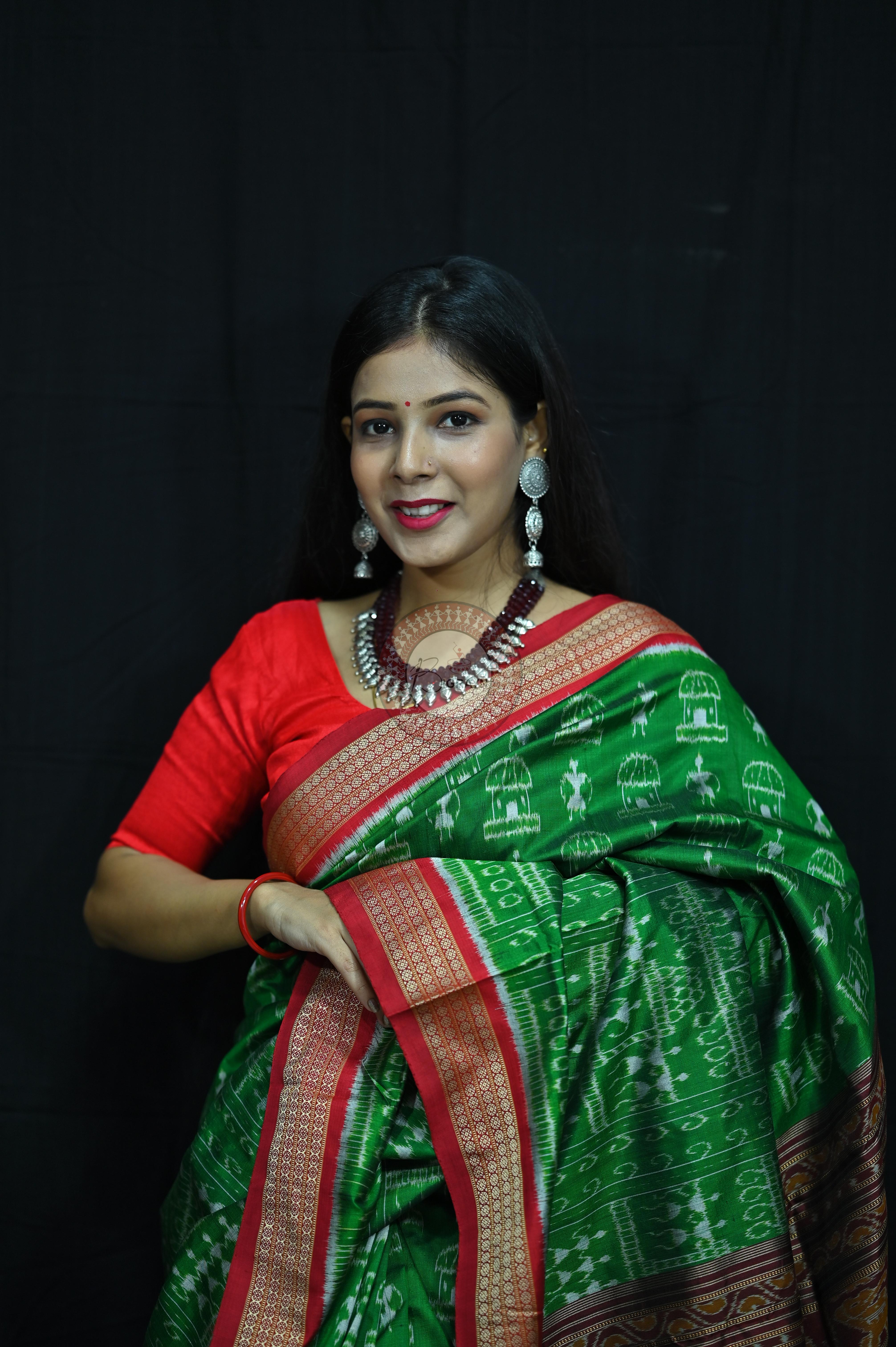 Tribal Houses Green Khandua Silk Saree