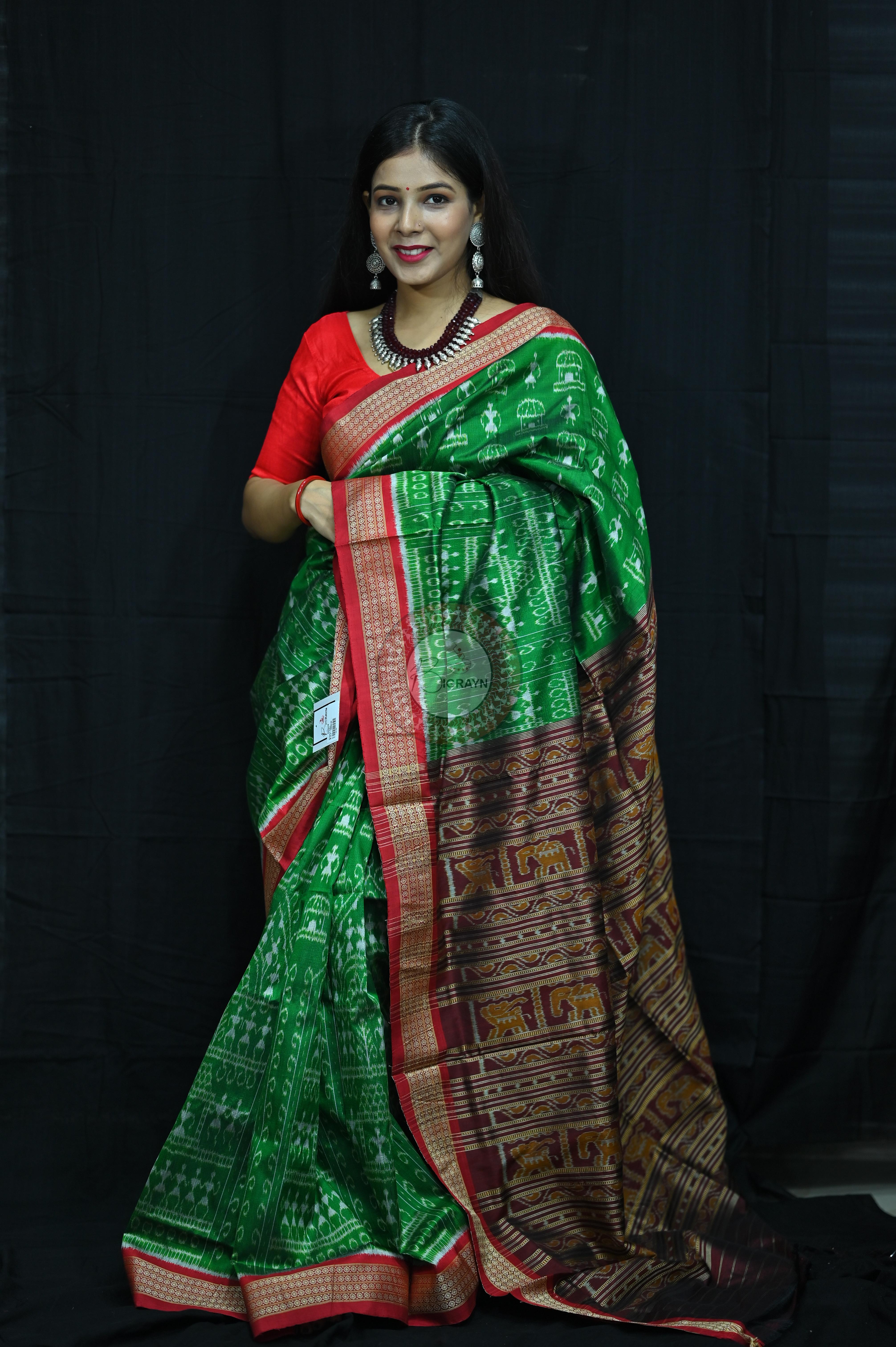 Tribal Houses Green Khandua Silk Saree