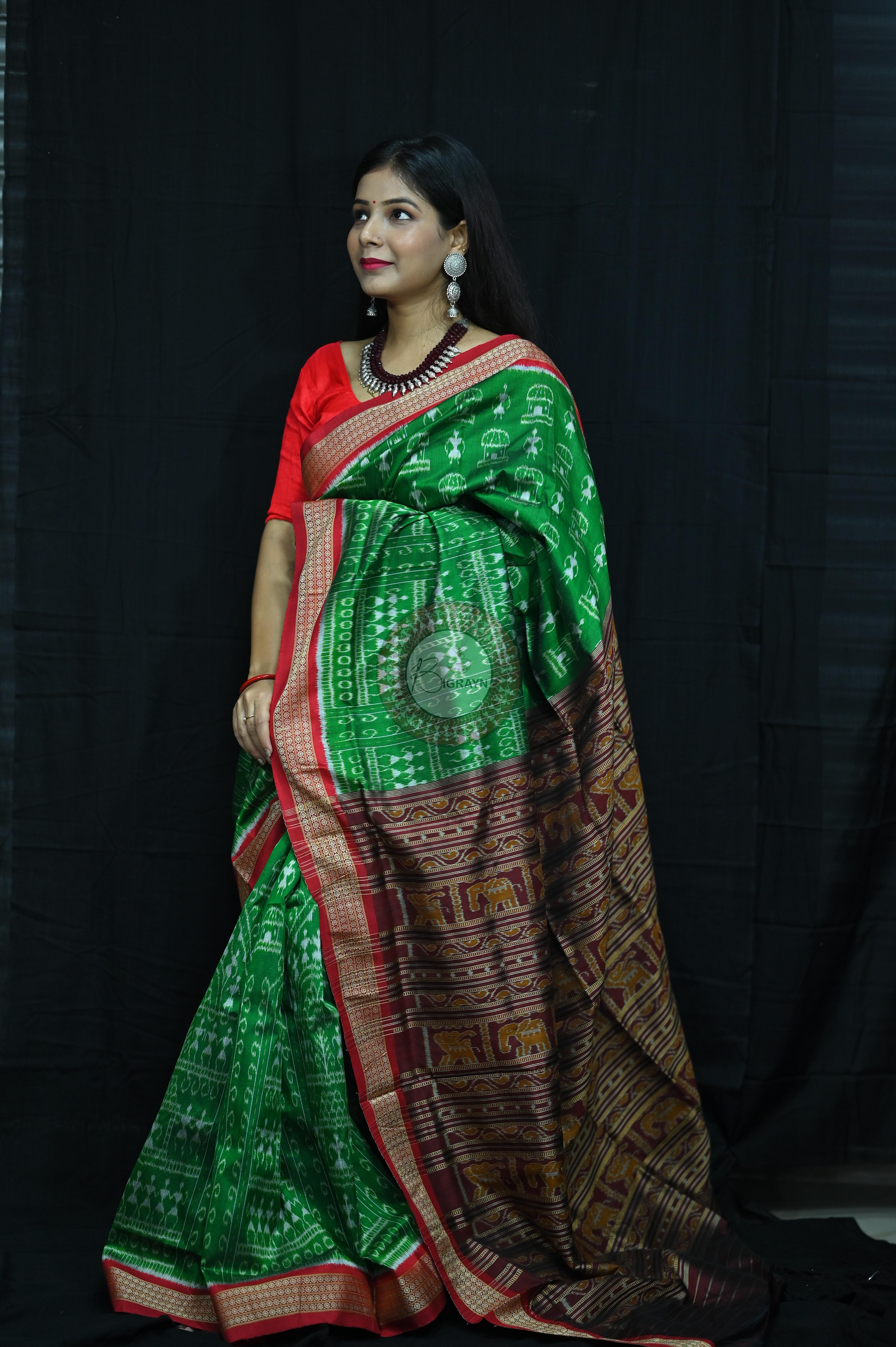 Tribal Houses Green Khandua Silk Saree