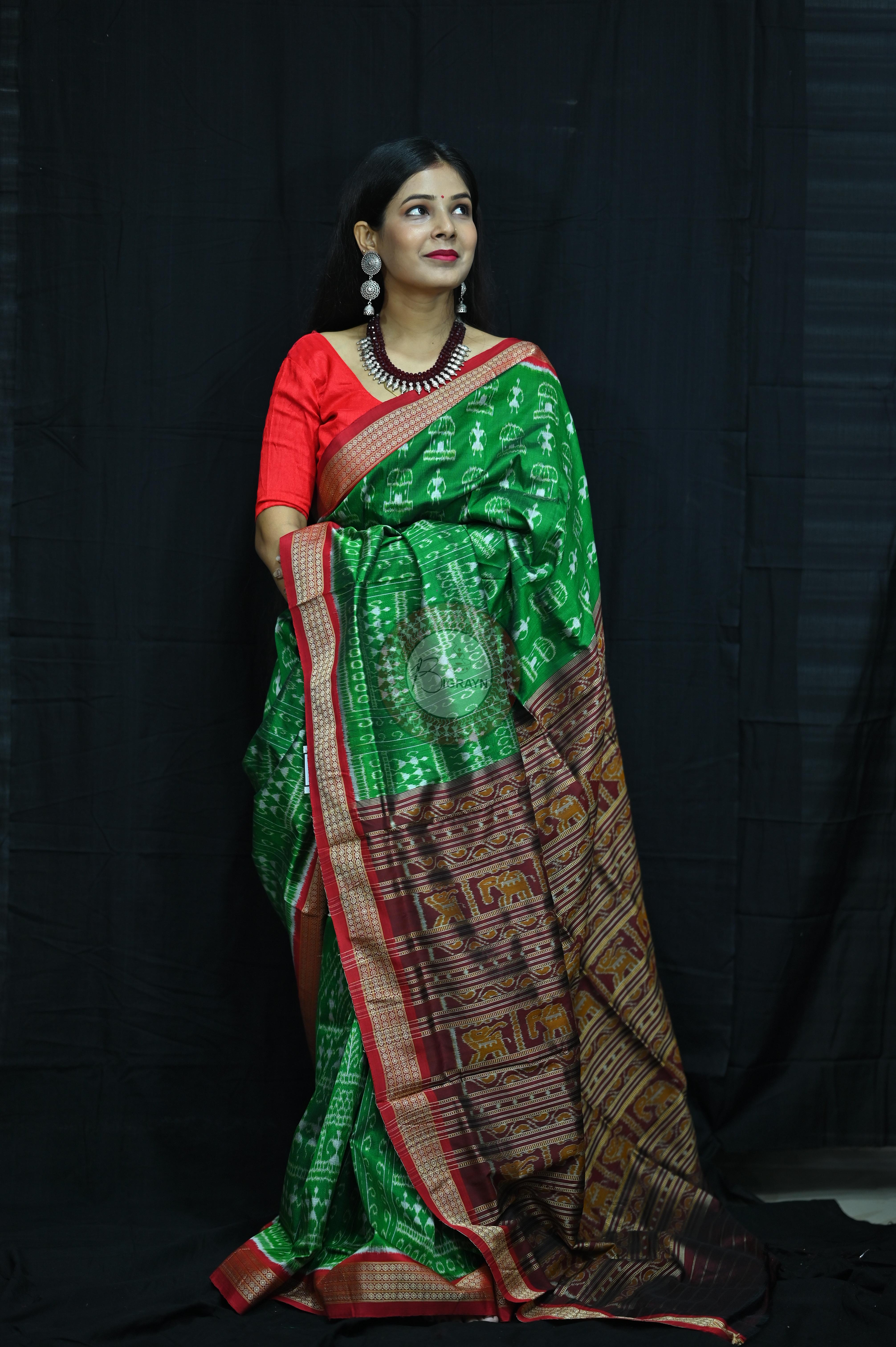 Tribal Houses Green Khandua Silk Saree