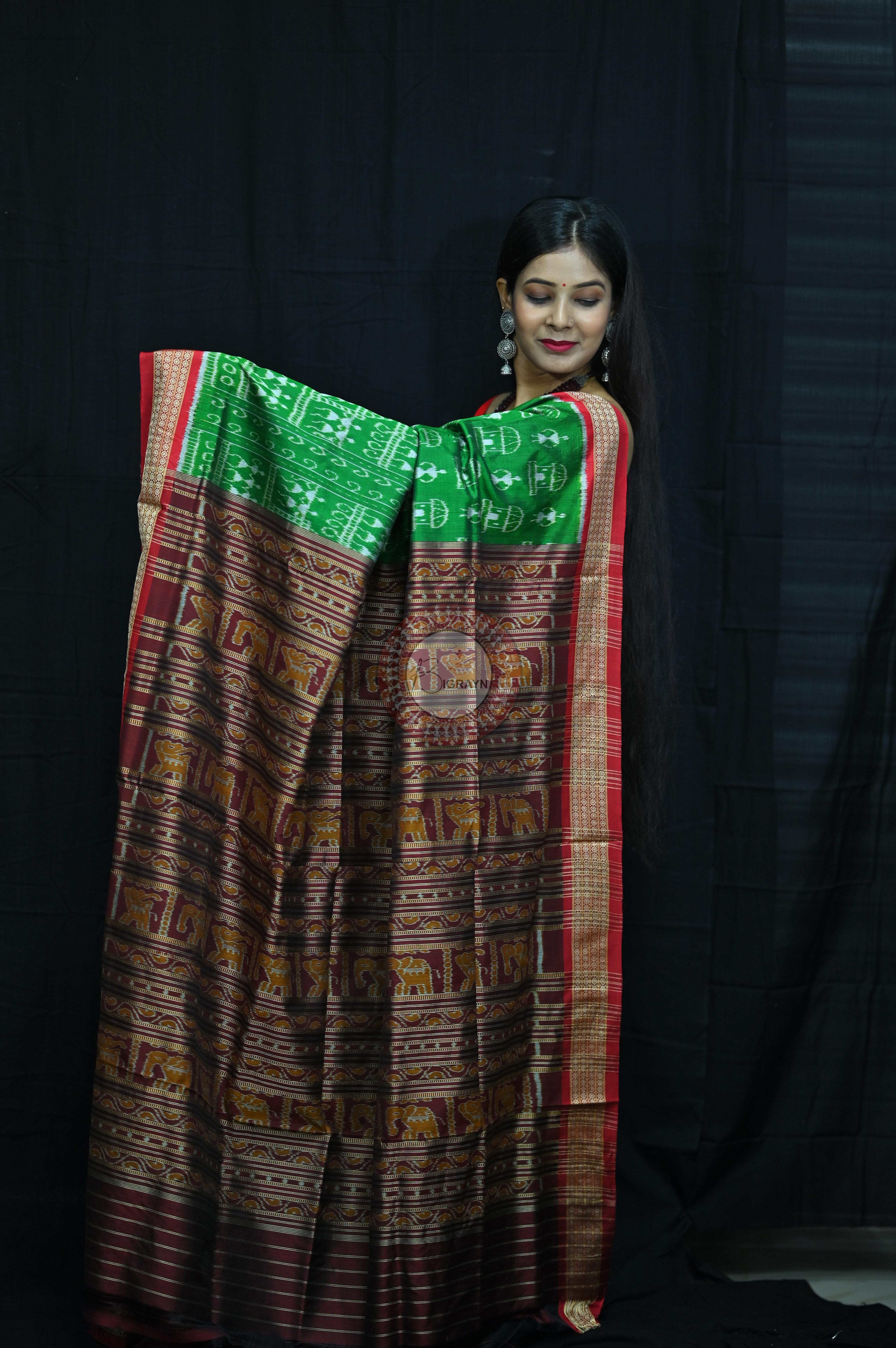 Tribal Houses Green Khandua Silk Saree