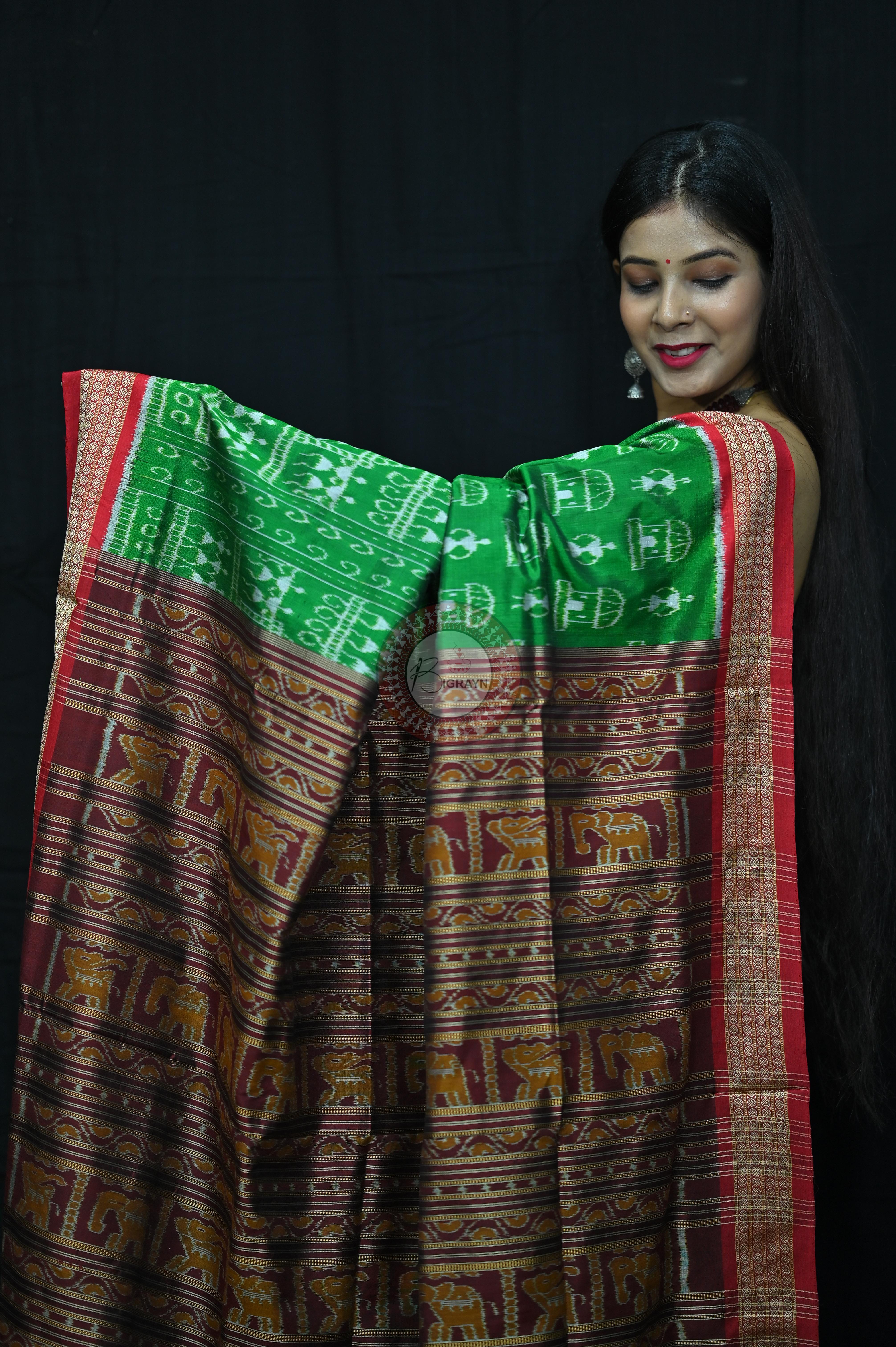 Tribal Houses Green Khandua Silk Saree