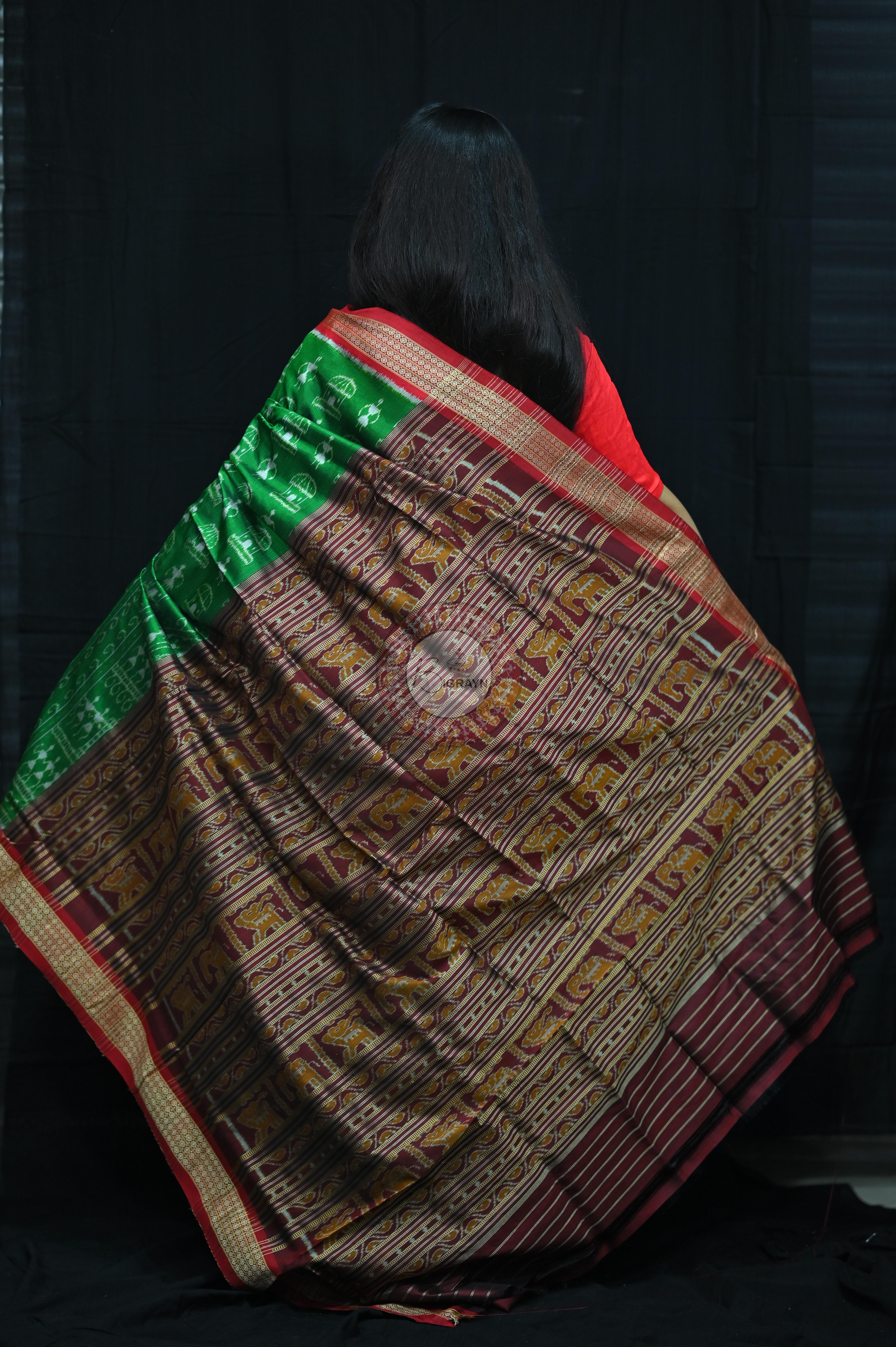Tribal Houses Green Khandua Silk Saree