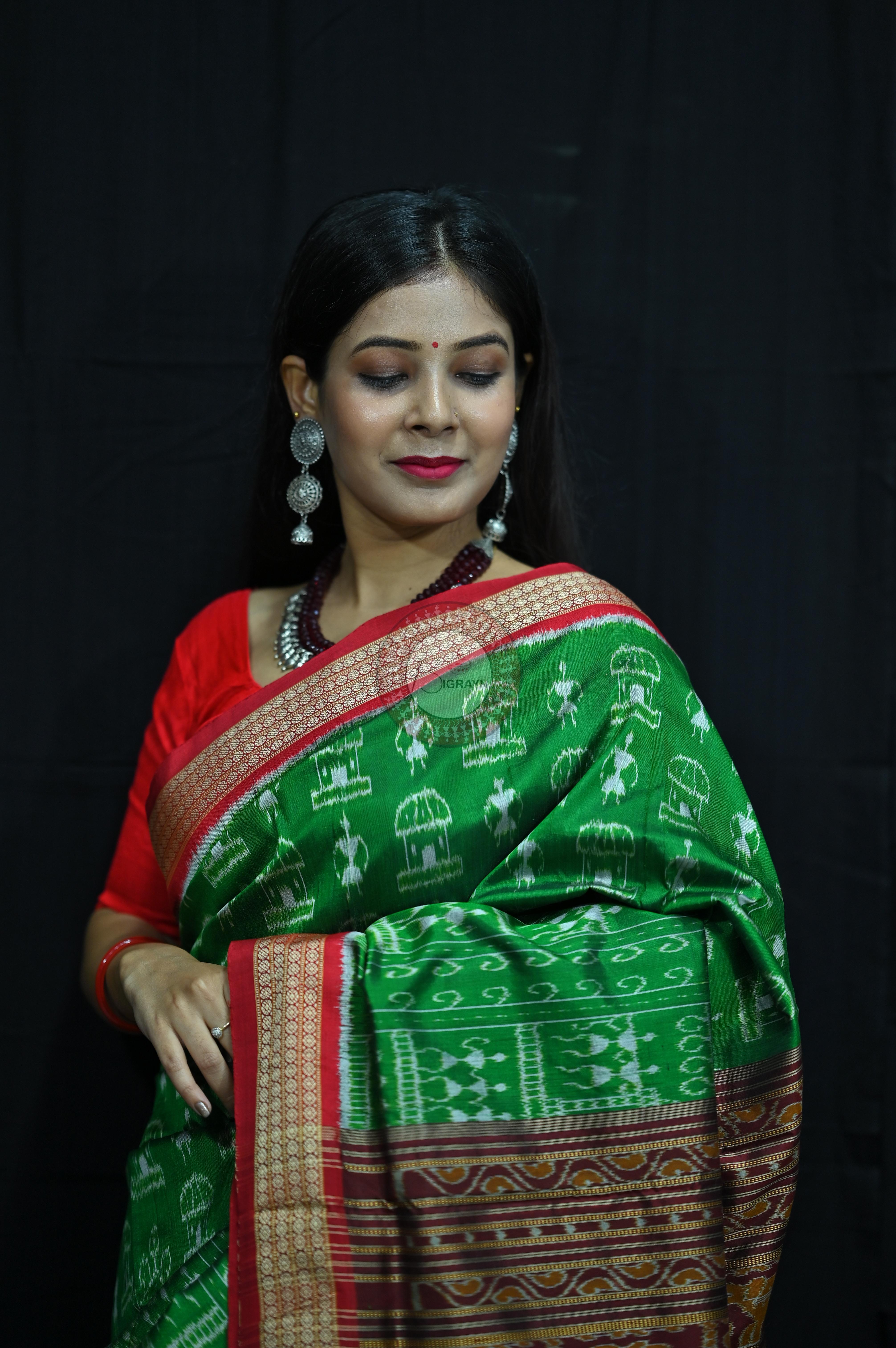 Tribal Houses Green Khandua Silk Saree