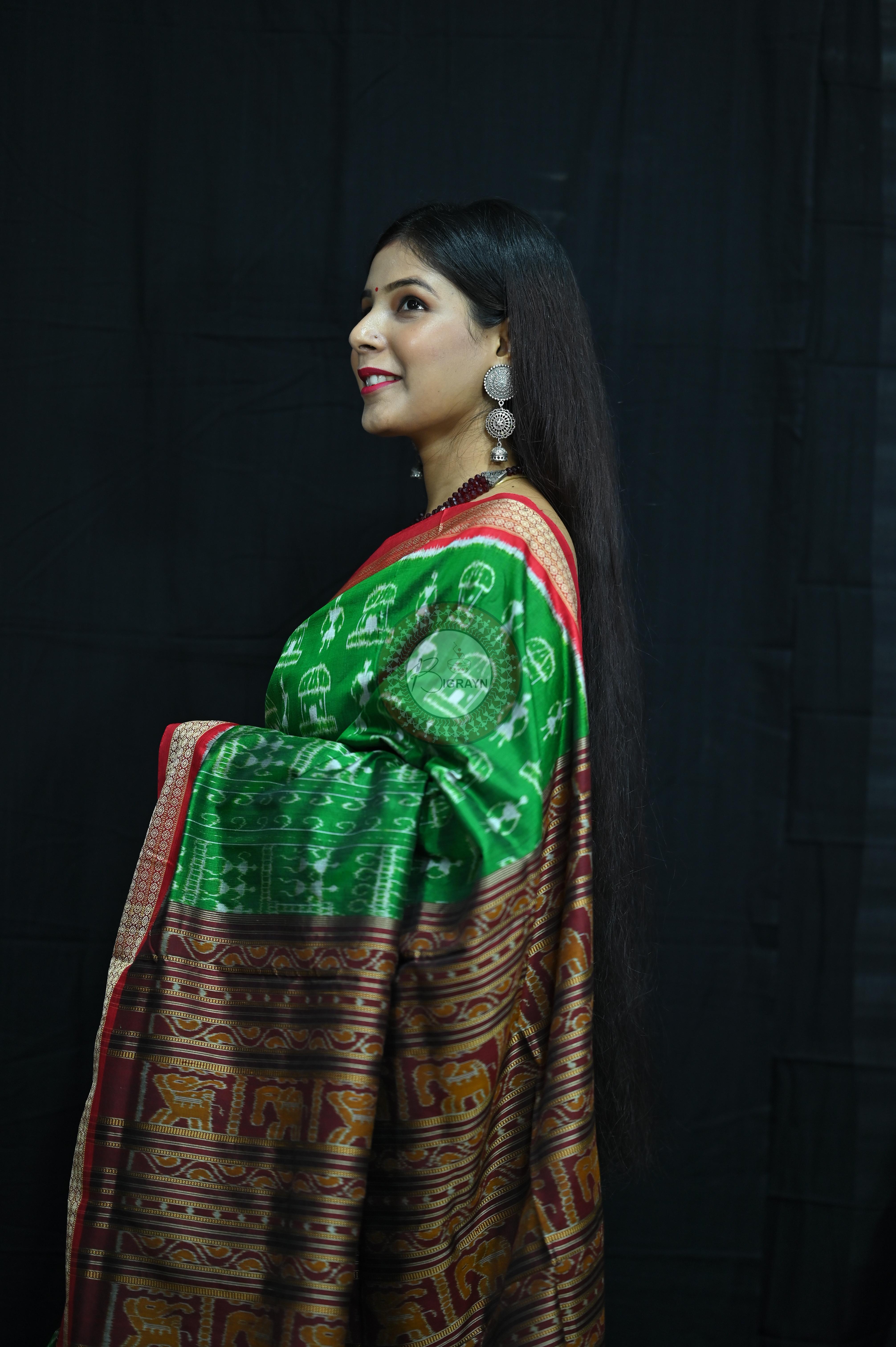 Tribal Houses Green Khandua Silk Saree