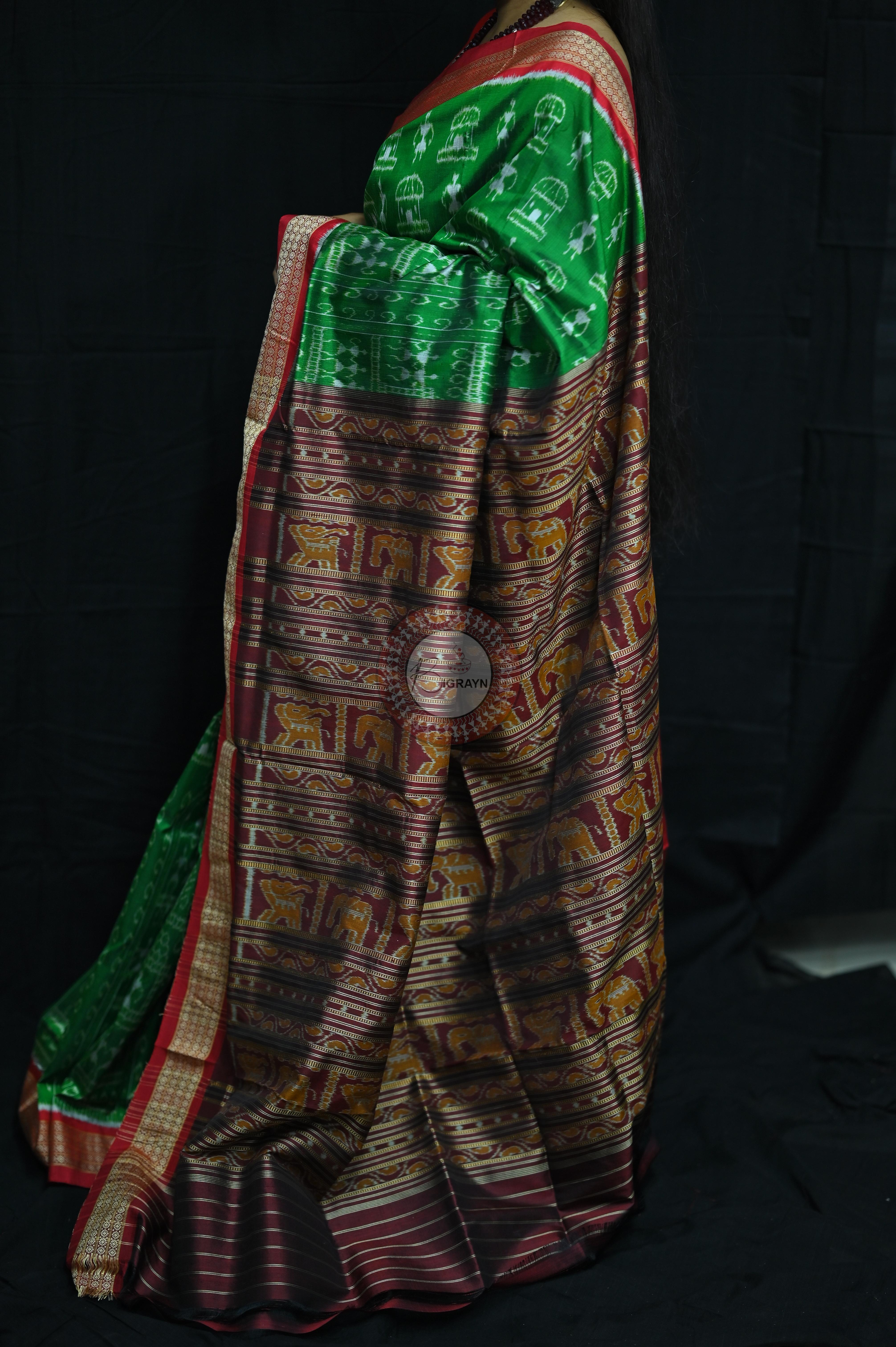 Tribal Houses Green Khandua Silk Saree