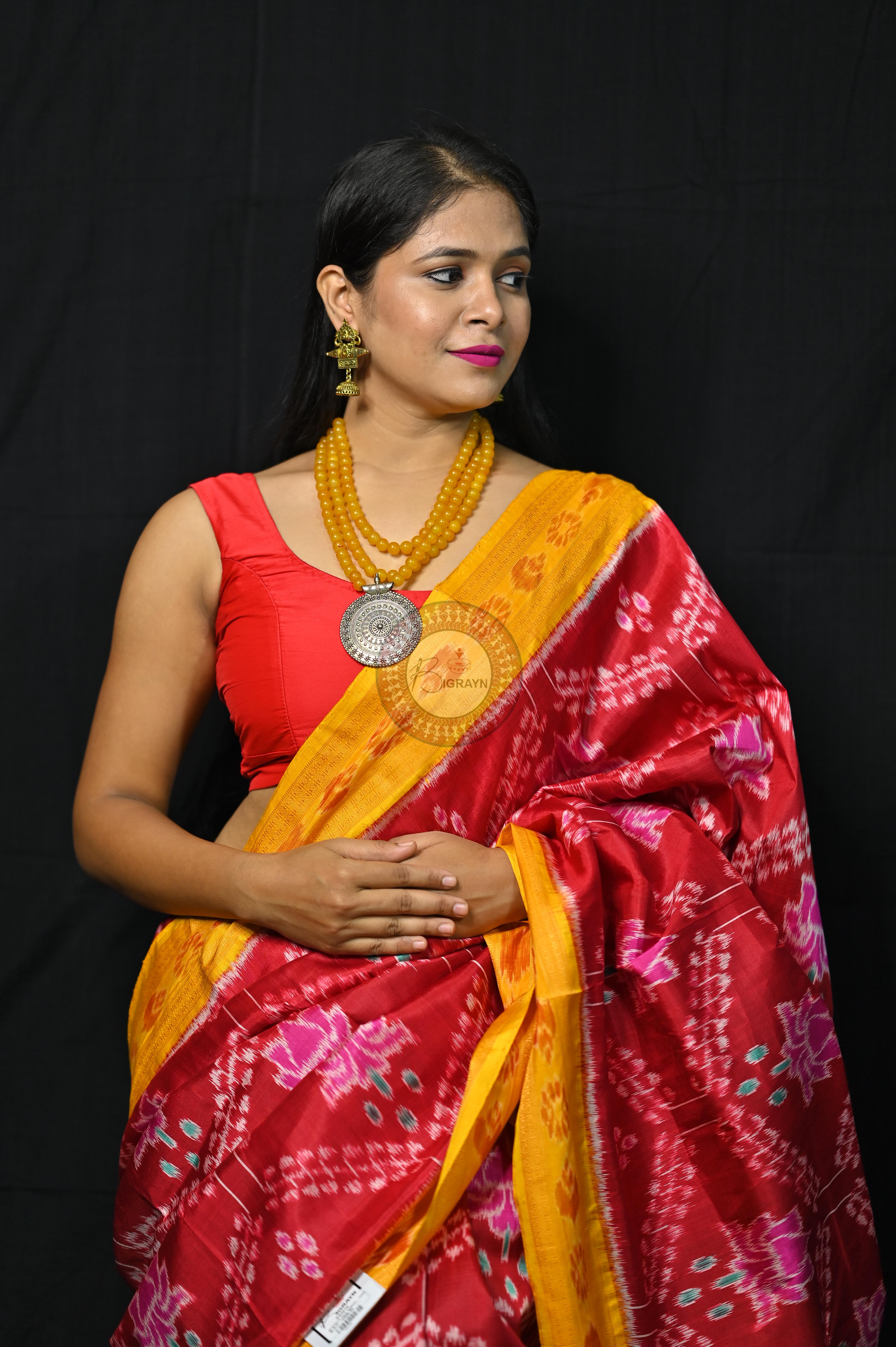 Maroon Yellow Pink Lotus Khandua Silk Saree