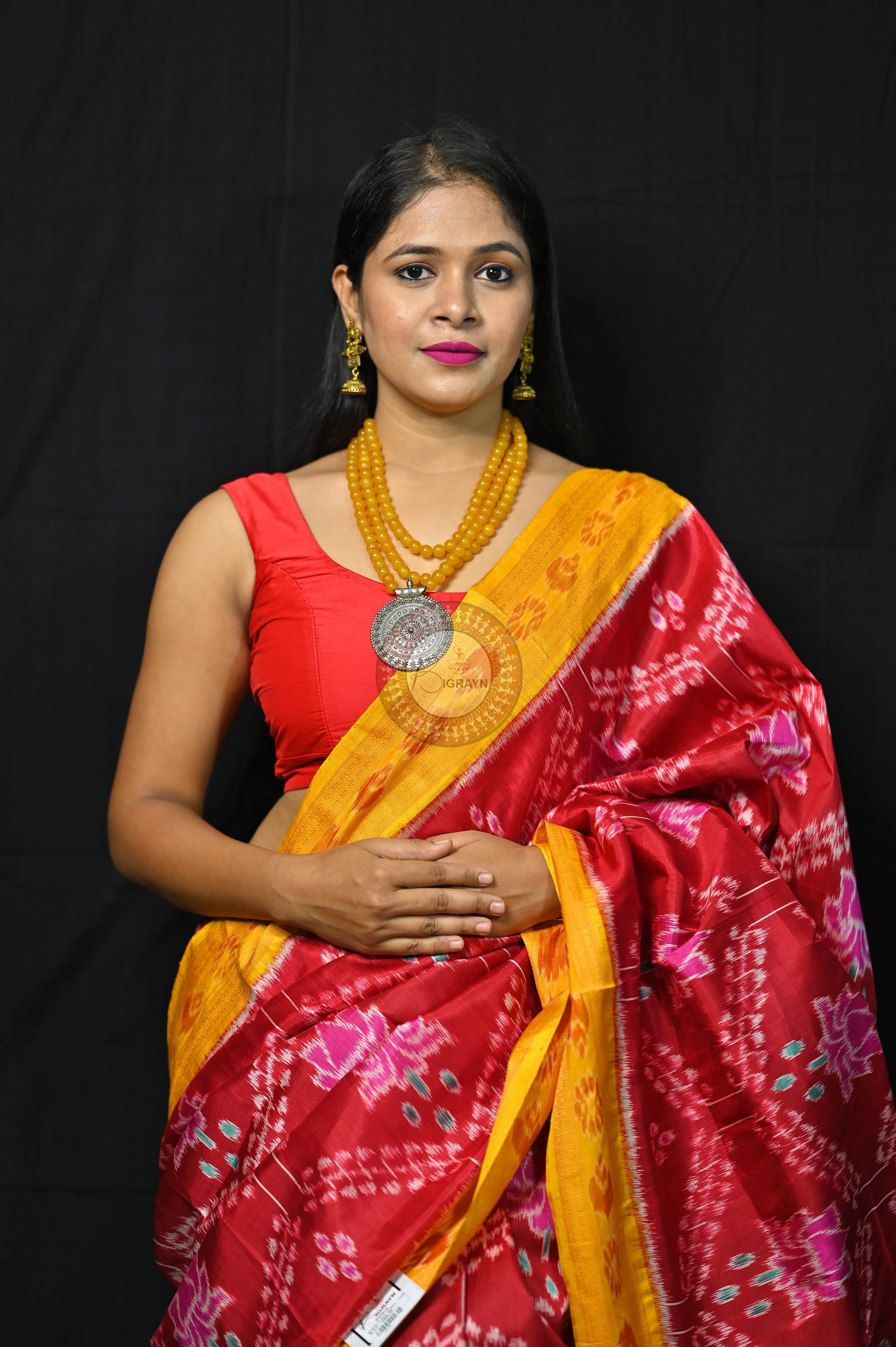 Maroon Yellow Pink Lotus Khandua Silk Saree