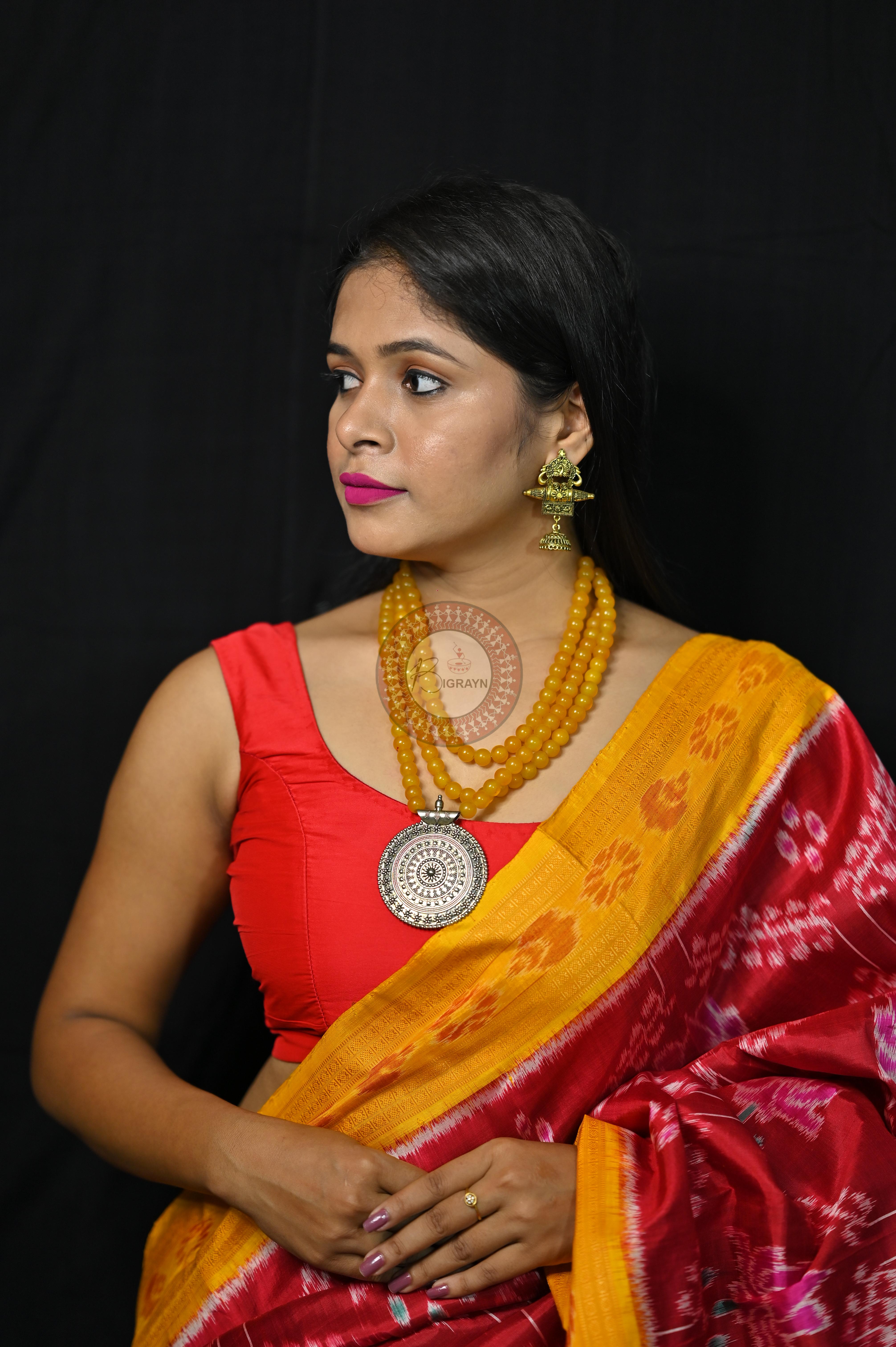 Maroon Yellow Pink Lotus Khandua Silk Saree