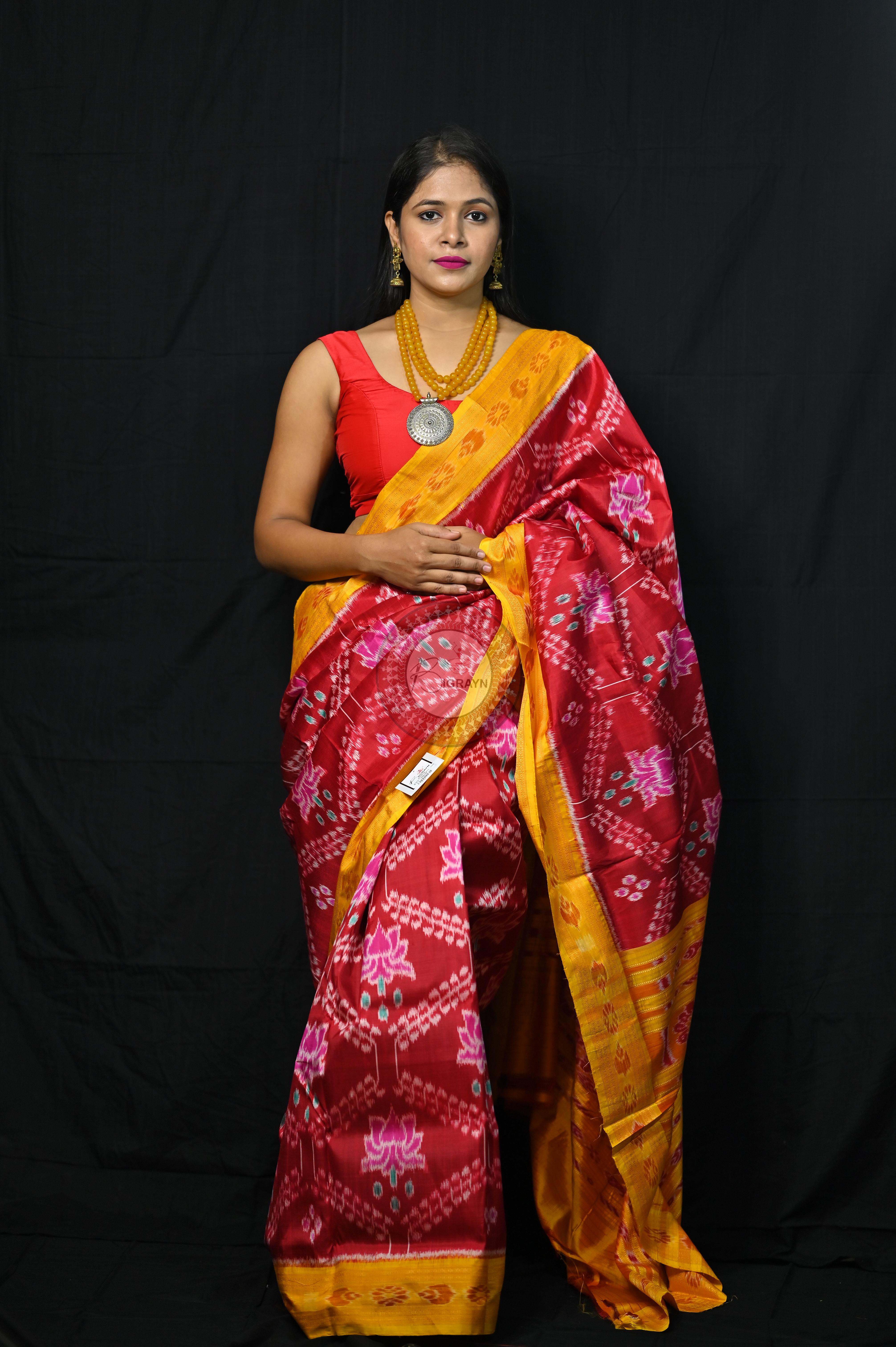 Maroon Yellow Pink Lotus Khandua Silk Saree