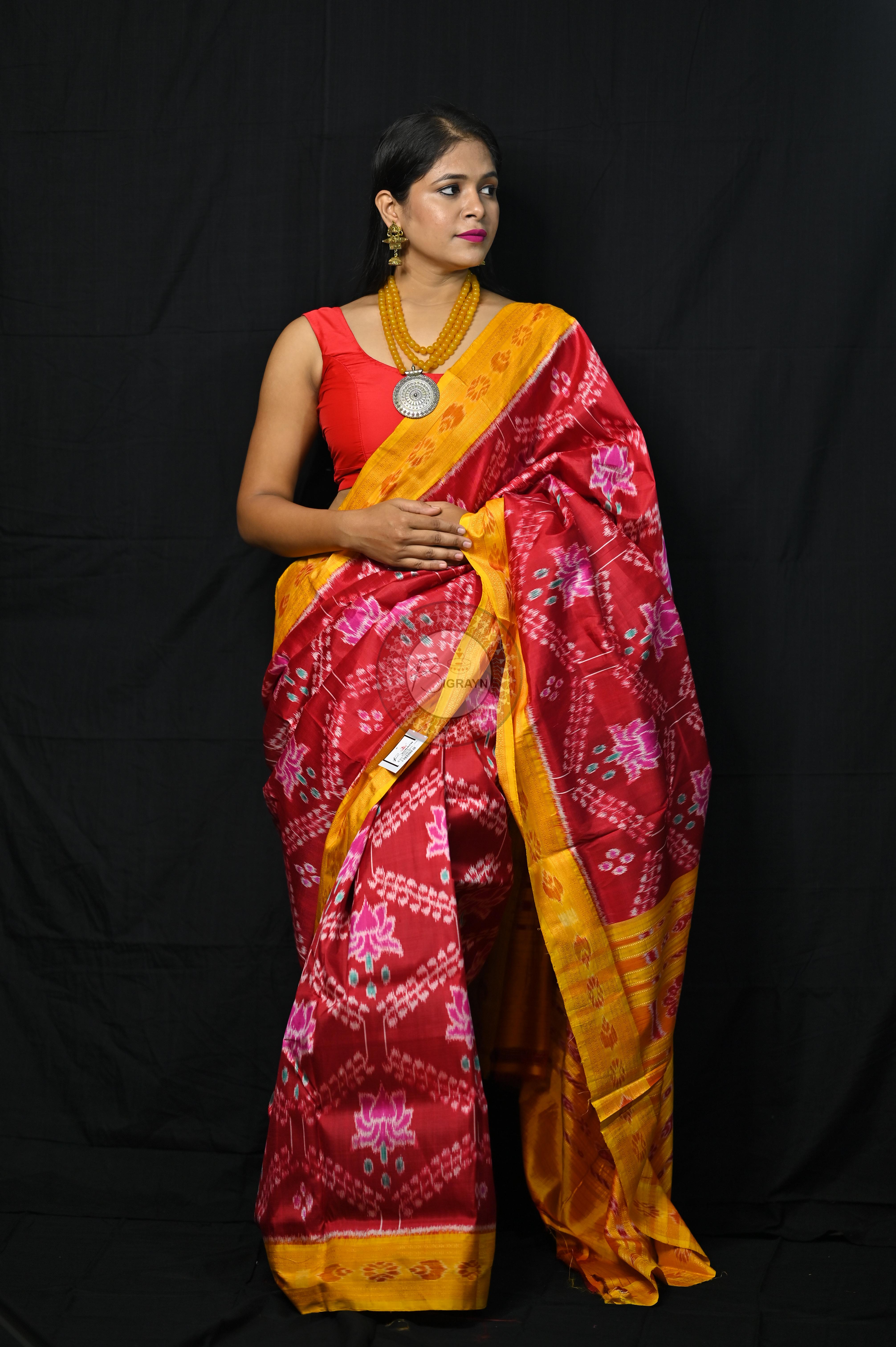 Maroon Yellow Pink Lotus Khandua Silk Saree