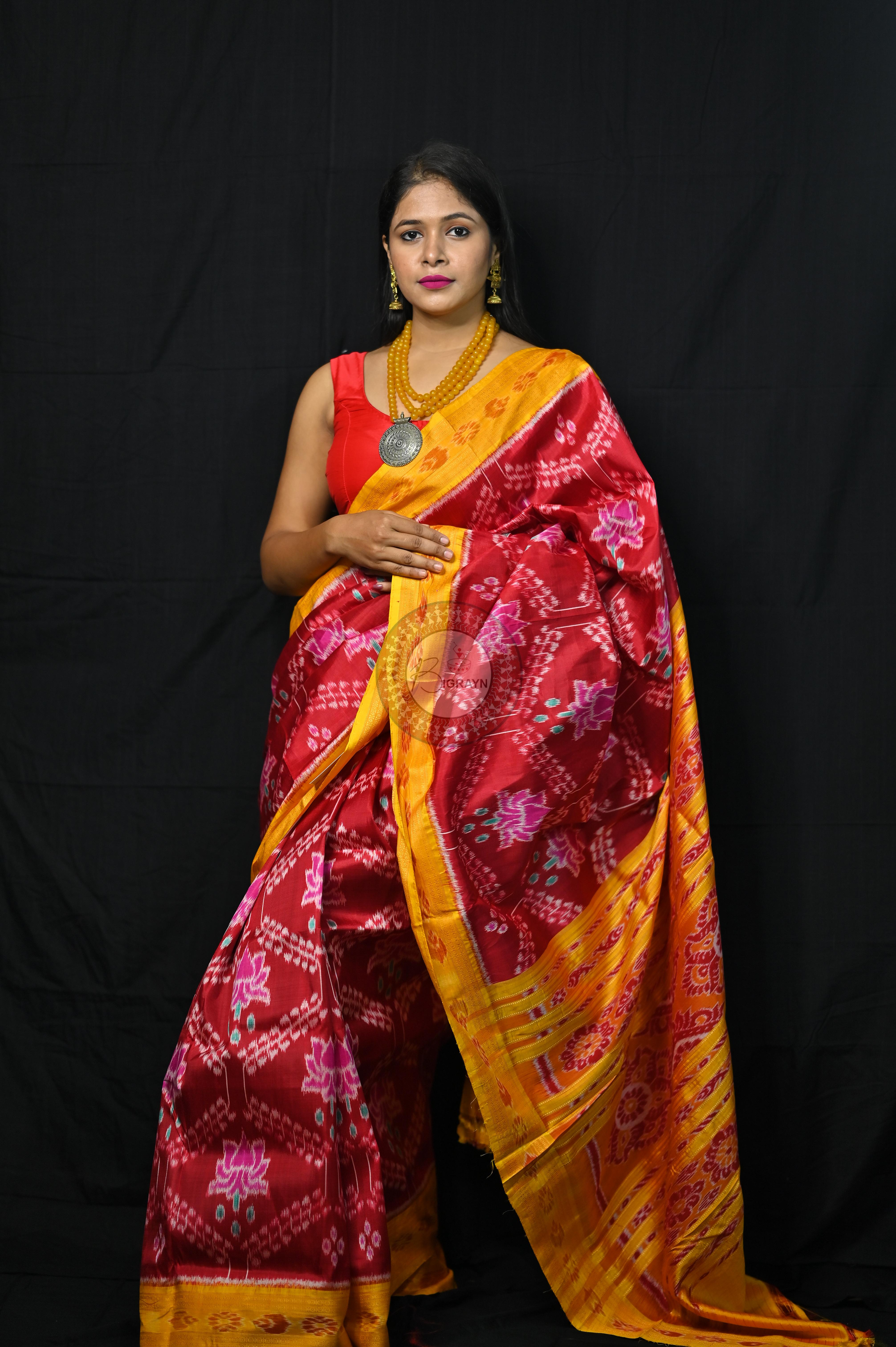 Maroon Yellow Pink Lotus Khandua Silk Saree